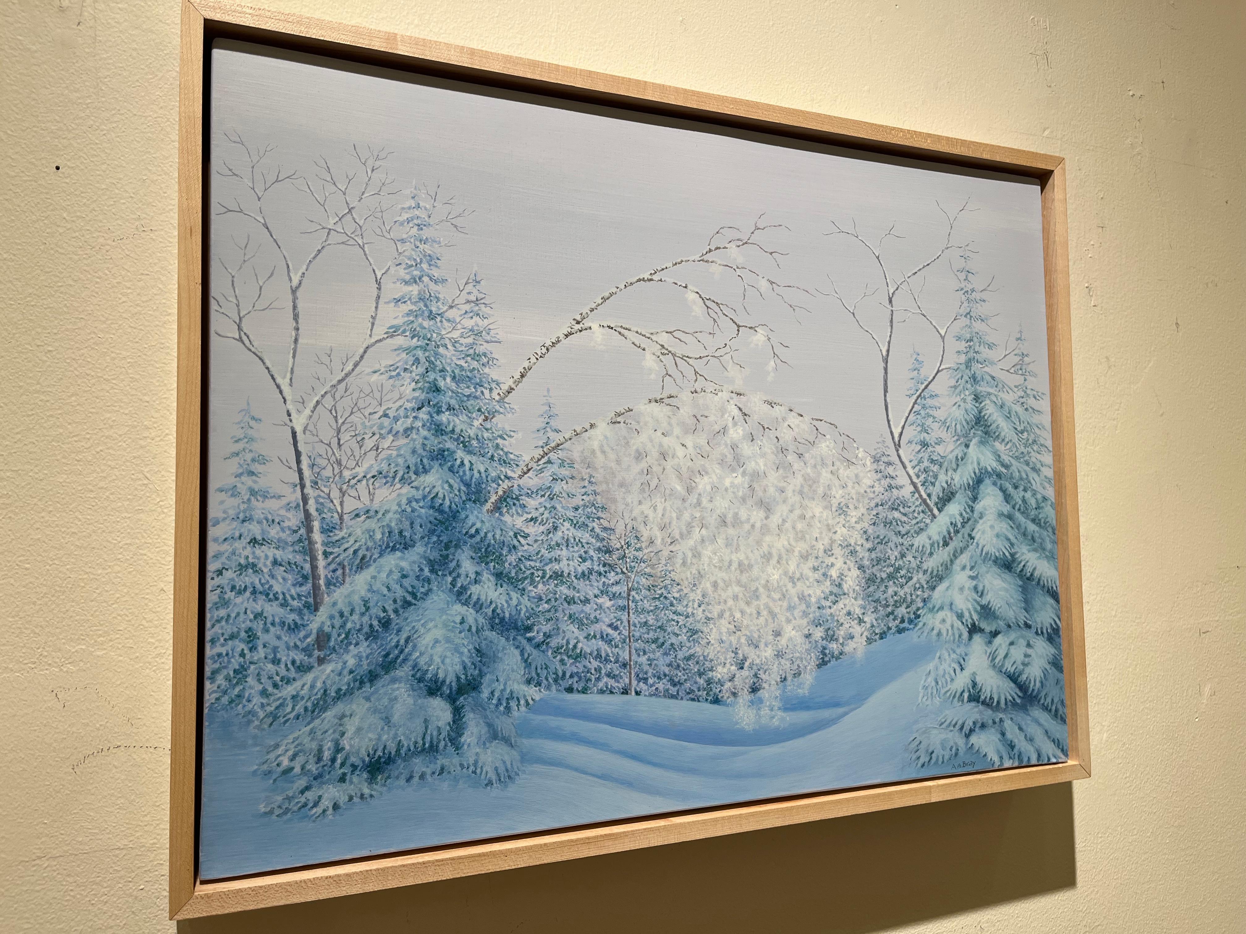 A Whisper Breaks the Silence, Eine poetische Wintry-Landschaft mit weichem Blau und Weiß im Angebot 1