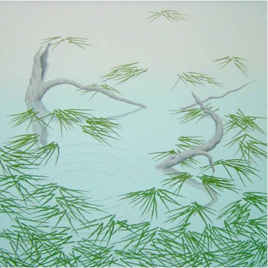 Un paisaje acuático impresionista pintado en caseína azul y verde sobre tabla, 2004