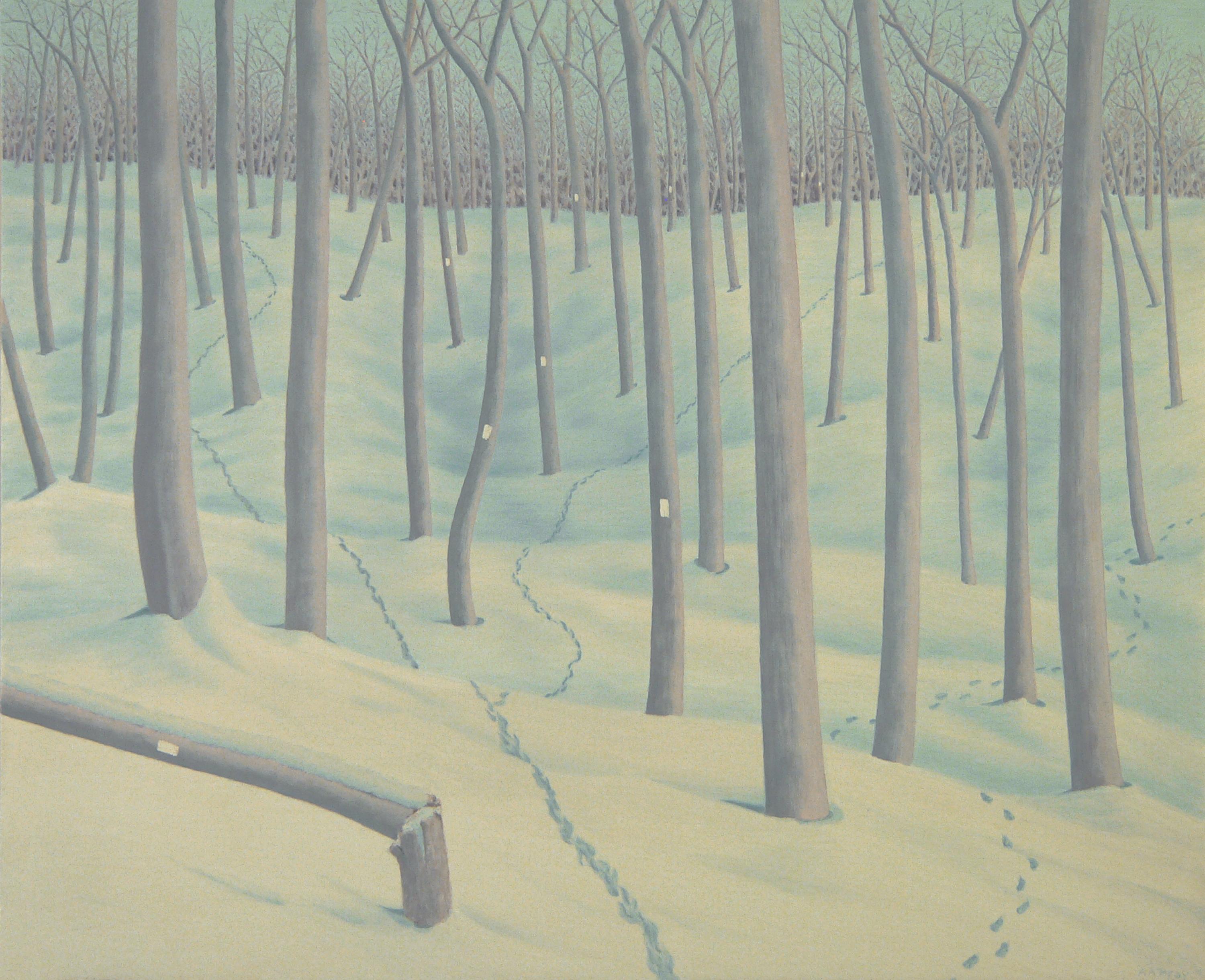 Alan Bray Landscape Painting - Trails, casein on panel impressionist Maine winter landscape, 2020
