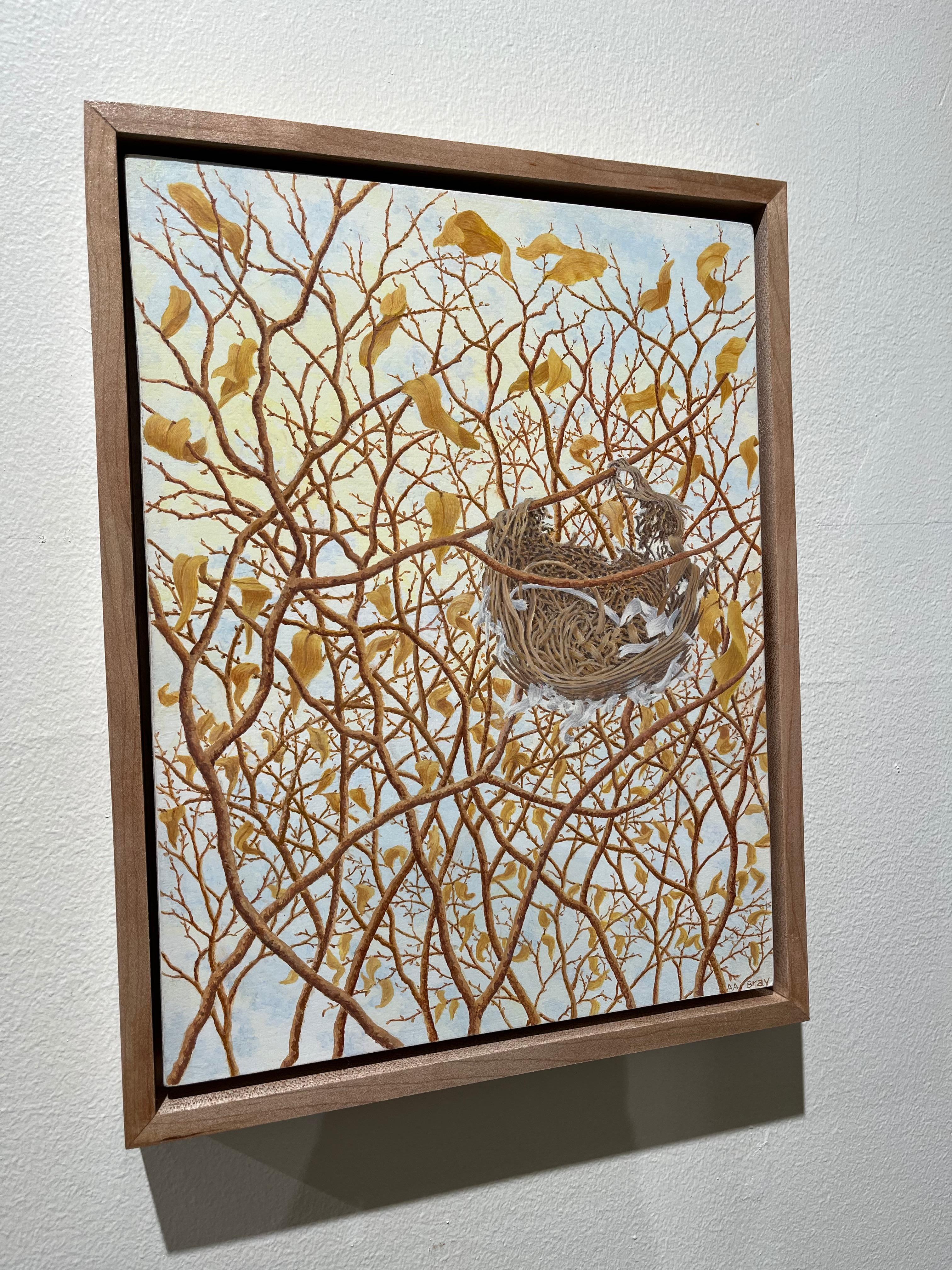 The latest painting from Alan Bray is a rare and exotic sighting, indeed. He’s shifted his focus away from the human realm and up to the skies, capturing an empty bird’s nest camouflaged amongst branches and broken waves. Though not so clandestine
