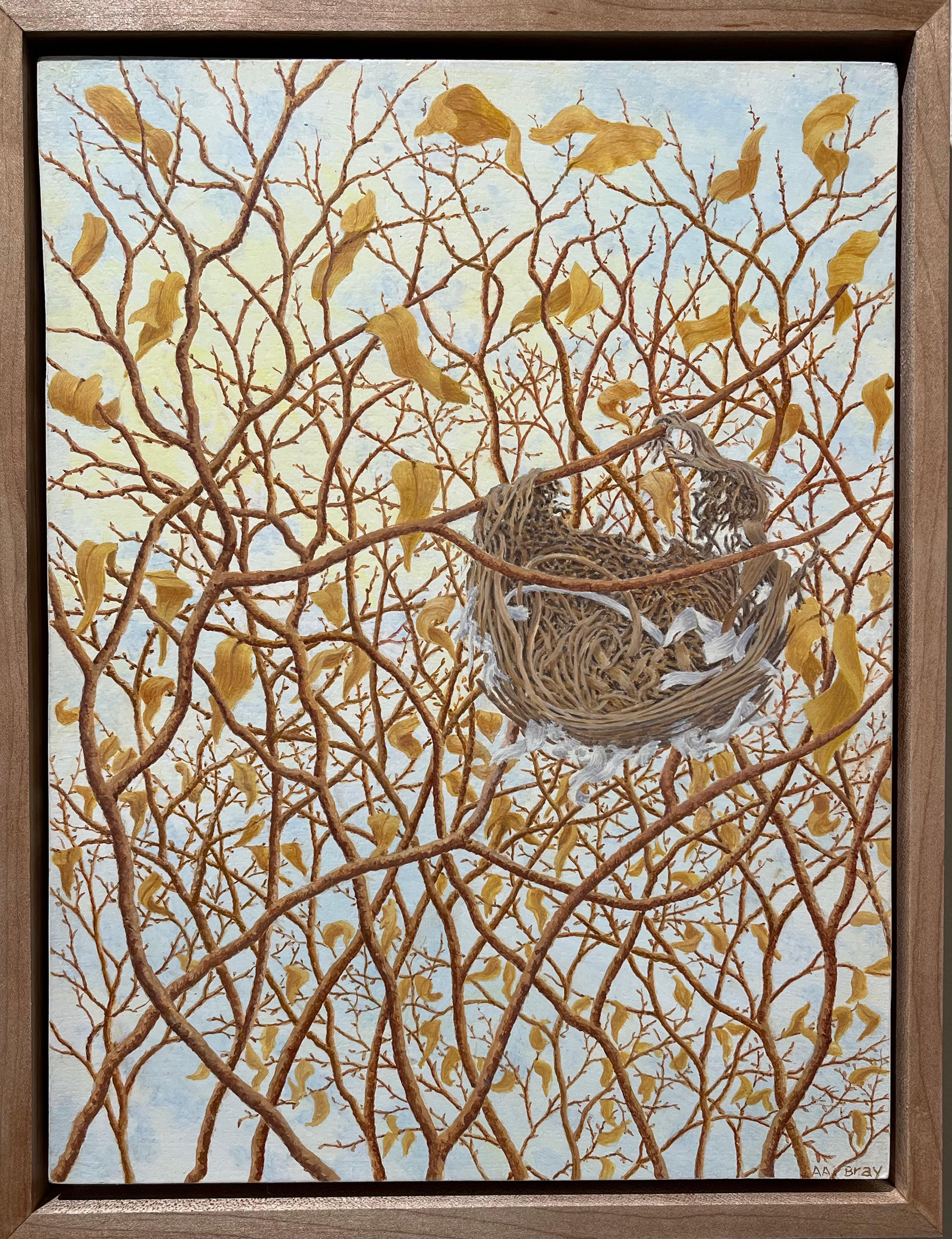 The latest painting from Alan Bray is a rare and exotic sighting, indeed. He’s shifted his focus away from the human realm and up to the skies, capturing an empty bird’s nest camouflaged amongst branches and broken waves. Though not so clandestine