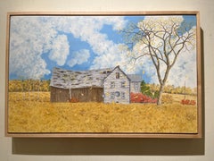 Paesaggio rustico in fattoria nel Maine, campi autunnali, albero di olmo