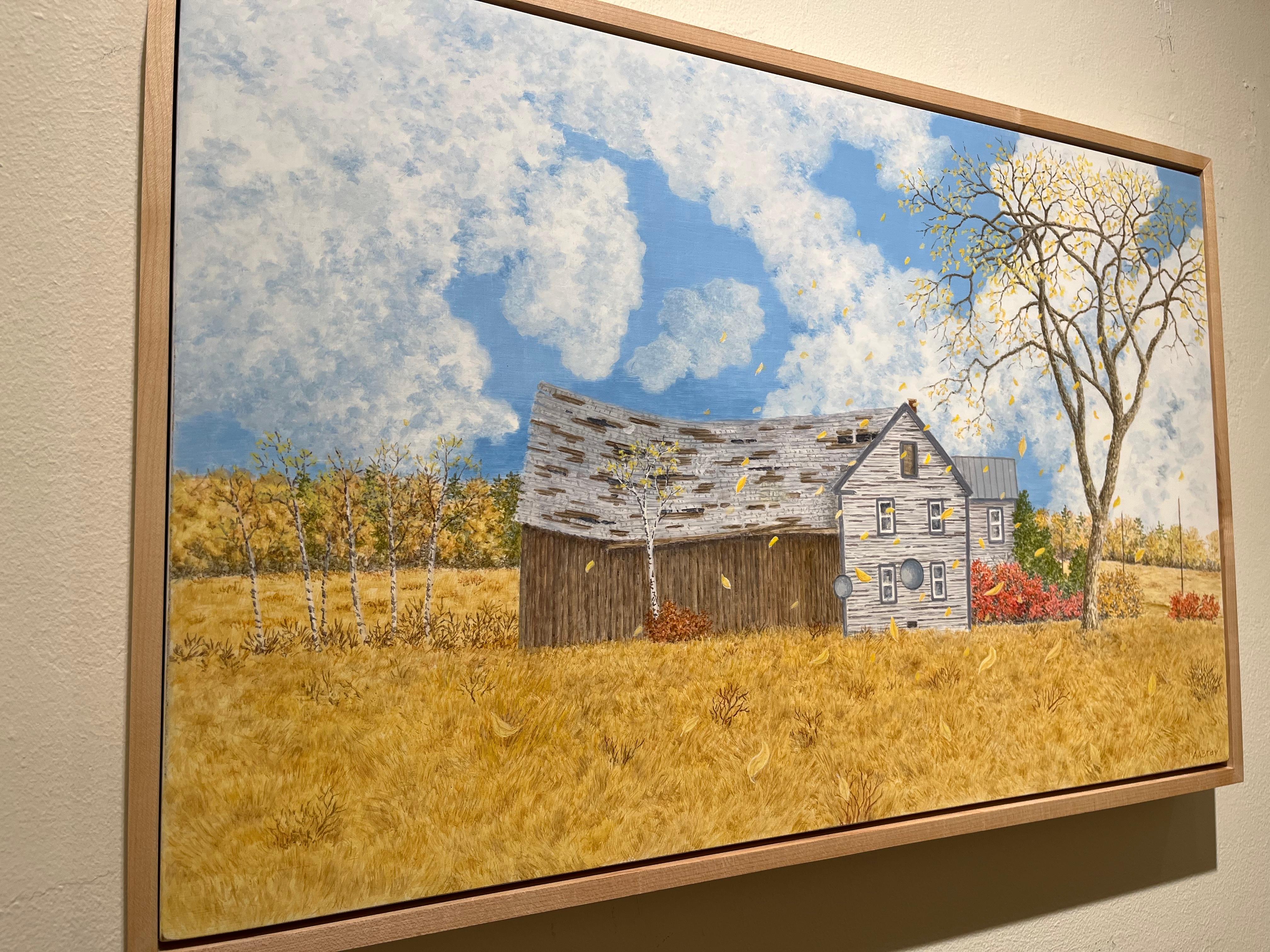 Barbecho, Pintura rústica de paisaje de granja en Maine, Campos otoñales, Olmo - Painting realista estadounidense de Alan Bray