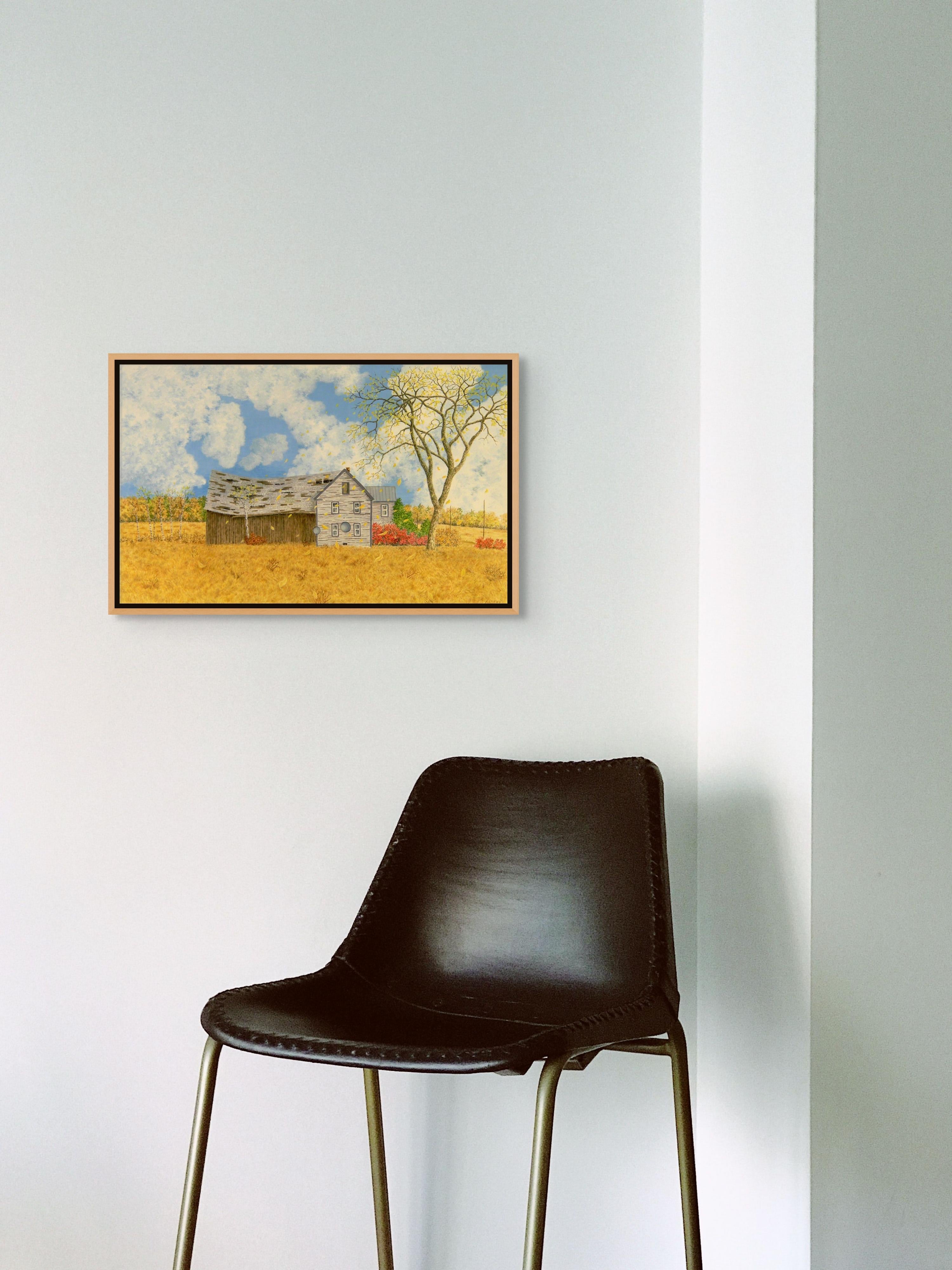 Barbecho, Pintura rústica de paisaje de granja en Maine, Campos otoñales, Olmo - Landscape Painting Beige de Alan Bray