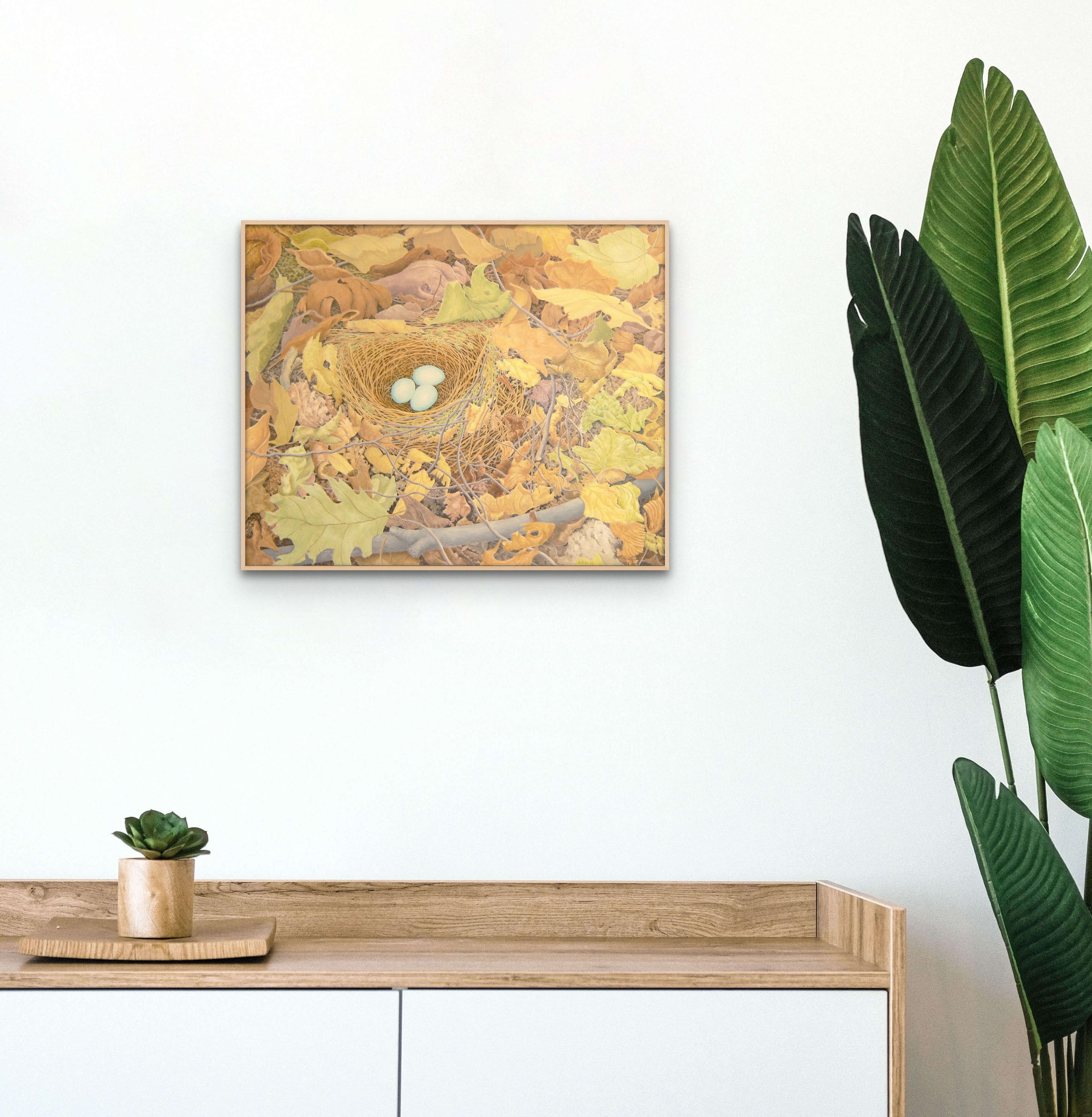 Zorzal ermitaño, pintura impresionista al natural en caseína de huevos en nido de pájaro - Animal Painting Beige de Alan Bray