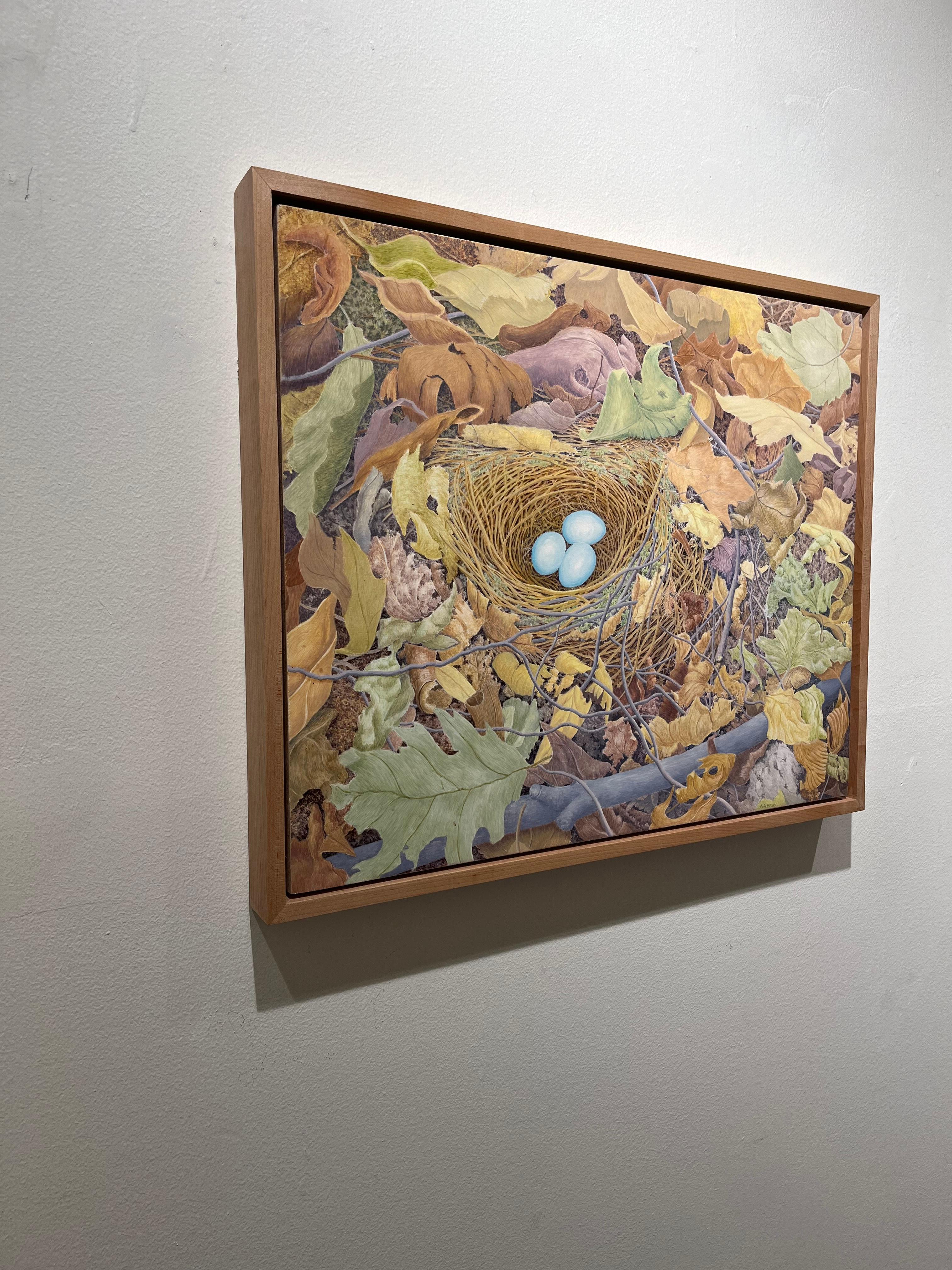 Zorzal ermitaño, pintura impresionista al natural en caseína de huevos en nido de pájaro en venta 1