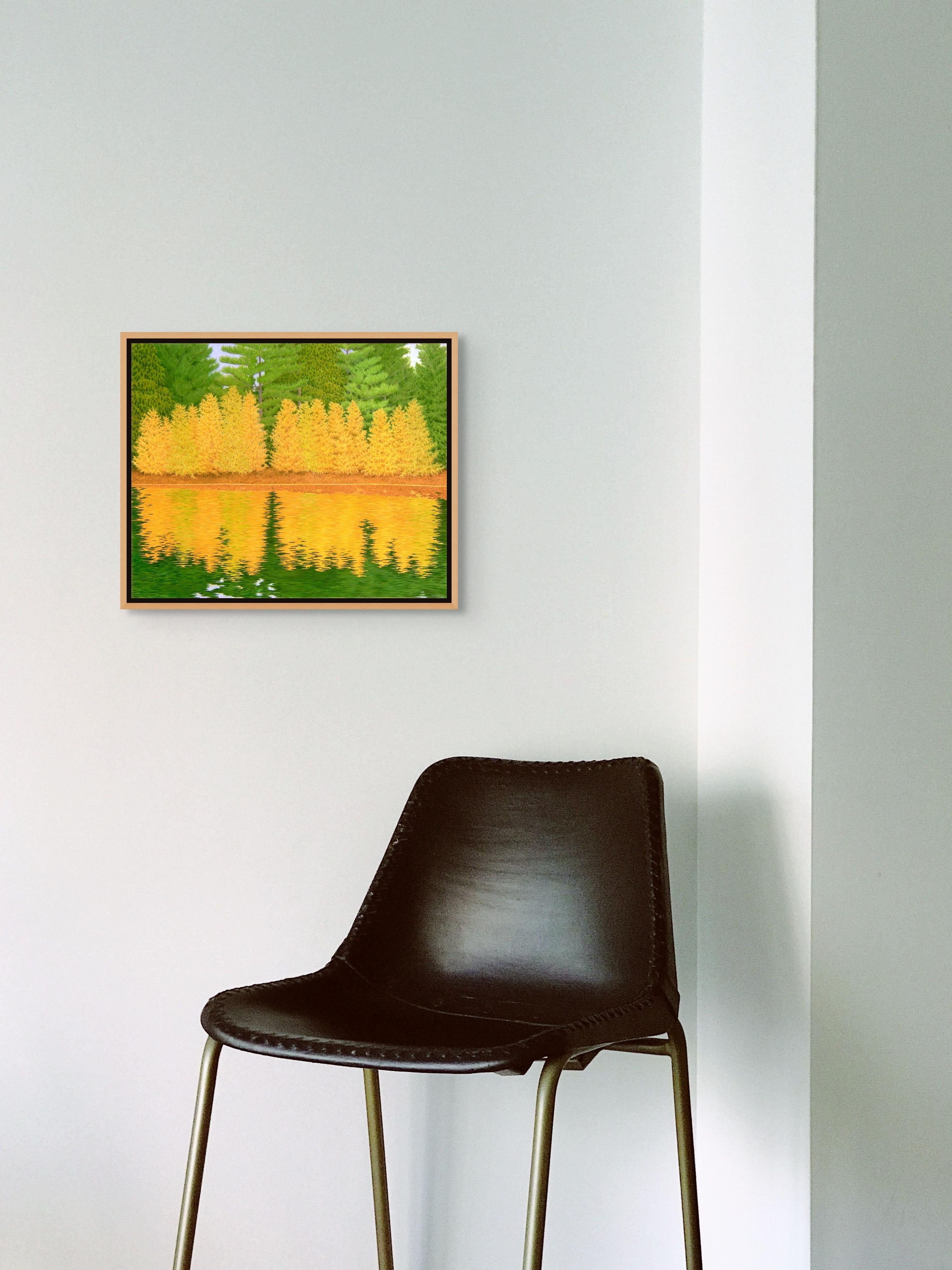 Alerce, Árboles Dorados Reflejados en el Lago con Bosque de Pinos a la Luz del Otoño - Painting de Alan Bray