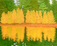 Alerce, Árboles Dorados Reflejados en el Lago con Bosque de Pinos a la Luz del Otoño