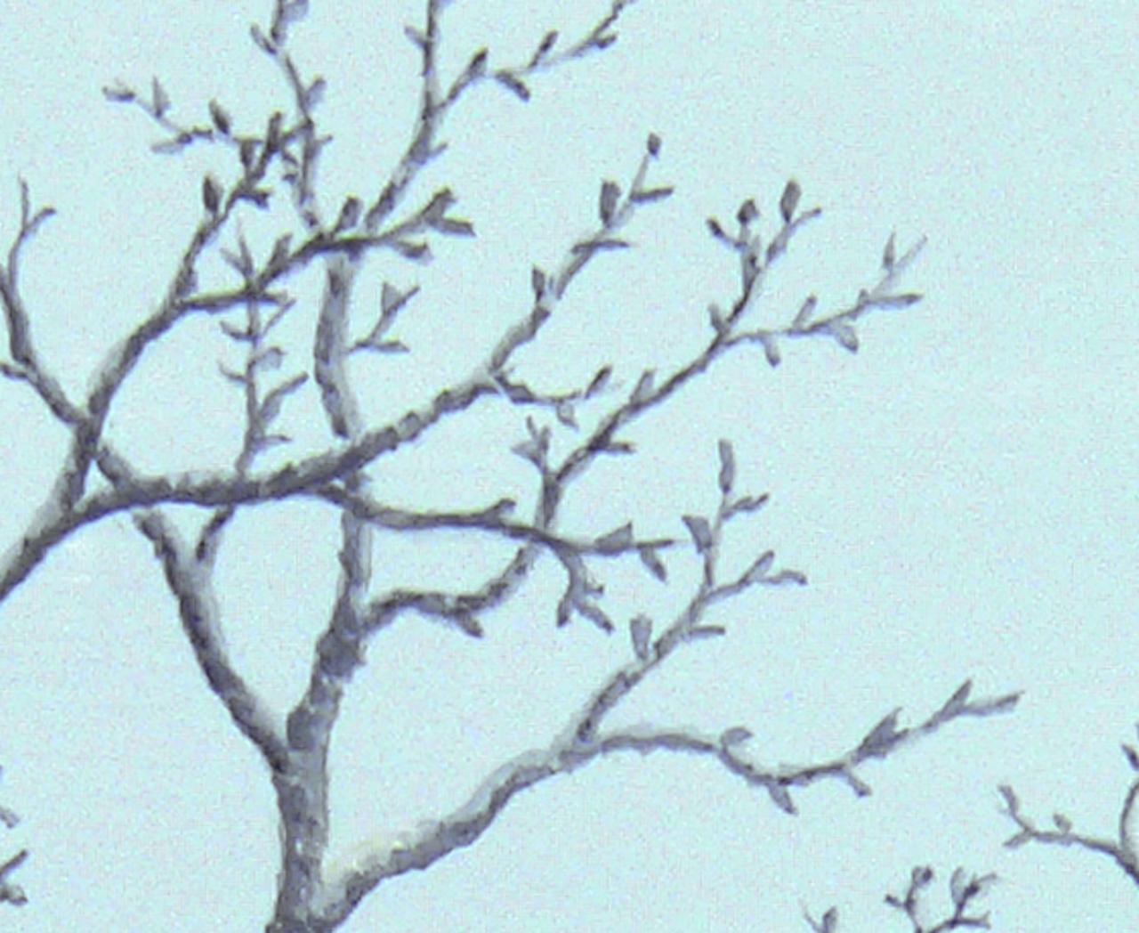 Alan Bray’s Neighbors is a masterful casein tempera painting capturing the quiet beauty of winter. Delicate, snow-covered branches contrast against a crisp blue sky, while two bird nests, topped with snow, take on the whimsical appearance of