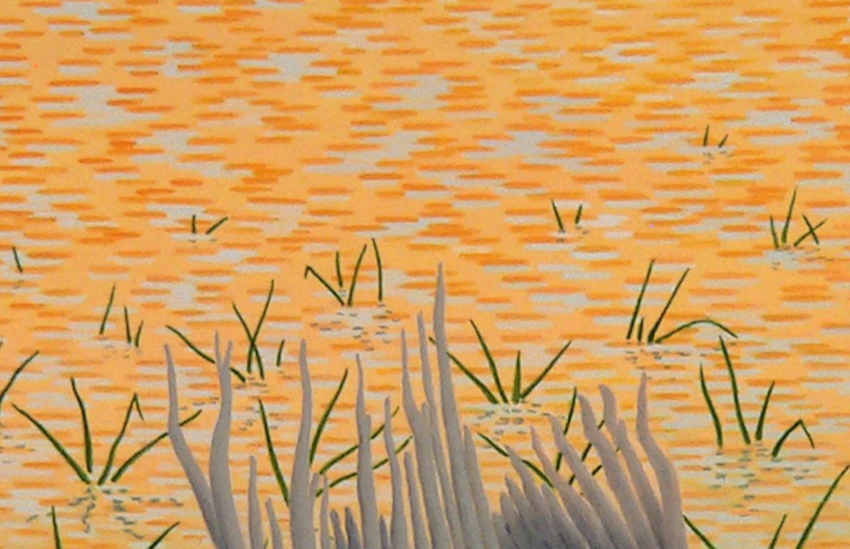 Alan Bray renders impressionistic light effects solid in his casein waterscape painting, Shallows. This quick-drying pigment carries the flickering quality of light's reflection with its crisp, pencil-like strokes. The ghostly wooden debris