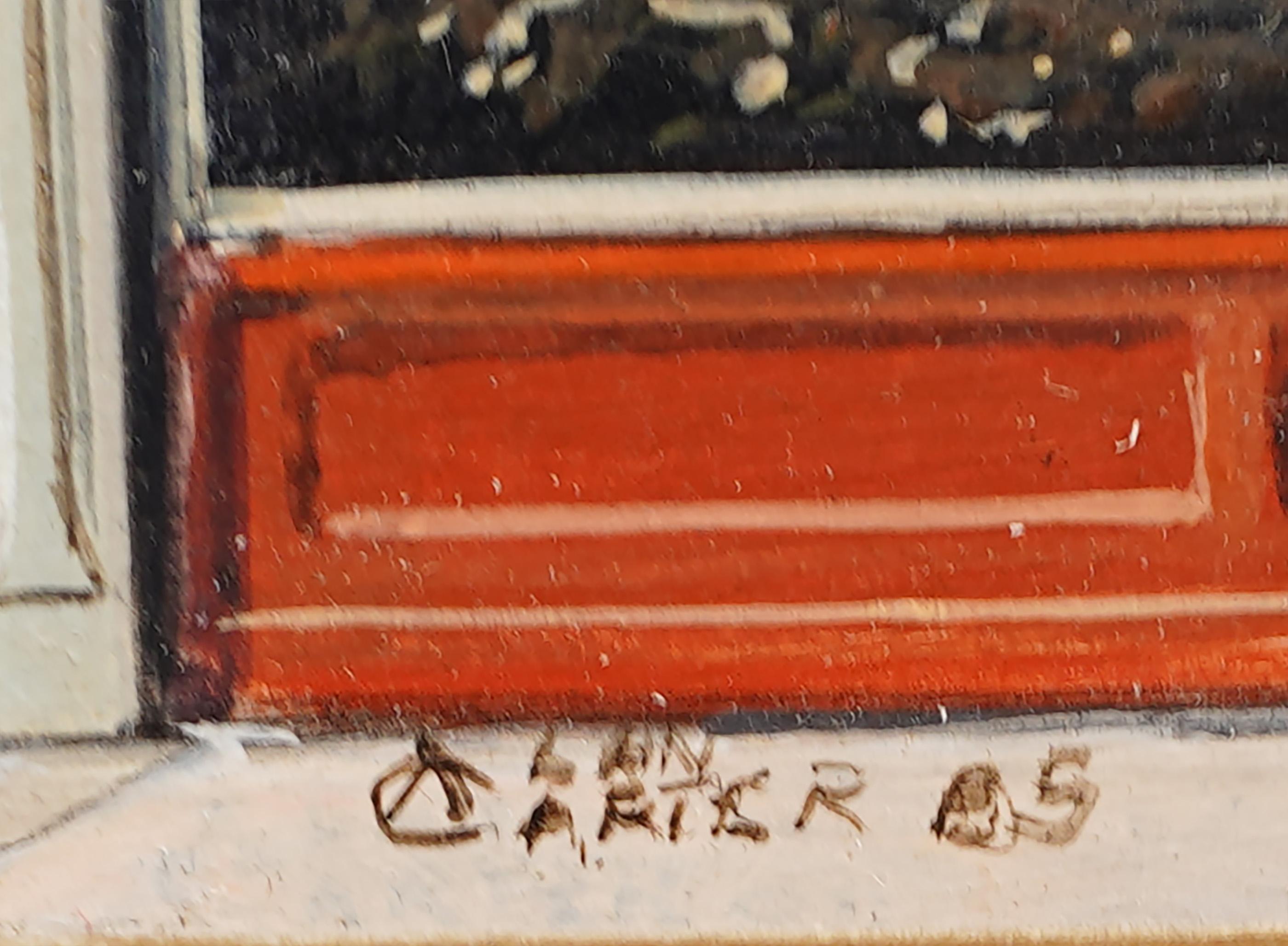 Antique American realist street scene oil painting by Alan Carter (1920-2009).  Oil on board.  Signed.  Framed.  Image size, 7L x 5H.
