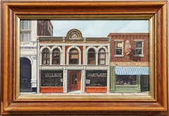 Ancienne peinture à l'huile américaine encadrée représentant une scène de rue en frêne, signée Super Realist