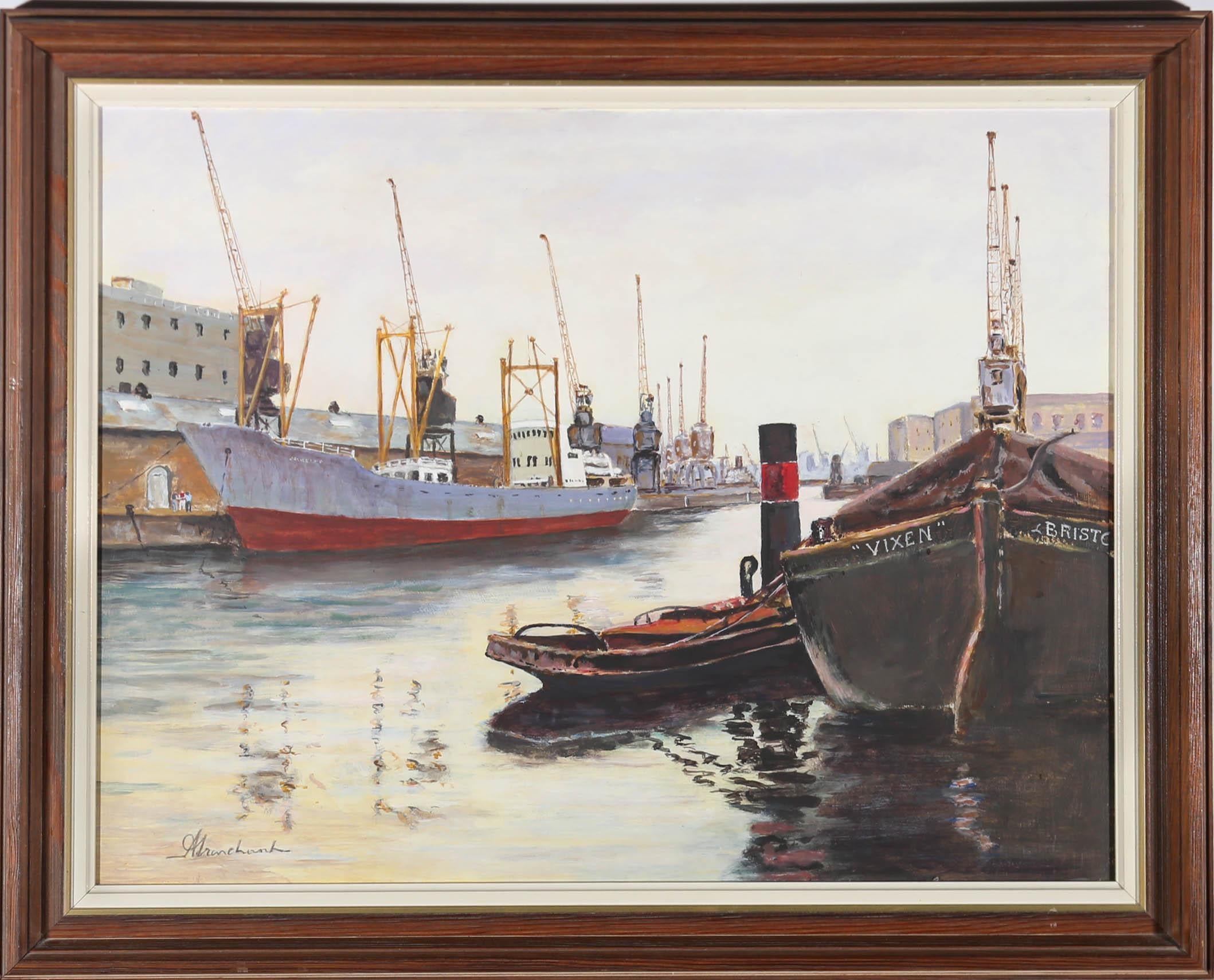 A charming depiction of a dockyard on a misty afternoon. The artist captures boats moored along the docks with large cranes towering overhead. Presented in a wooden frame. On board.