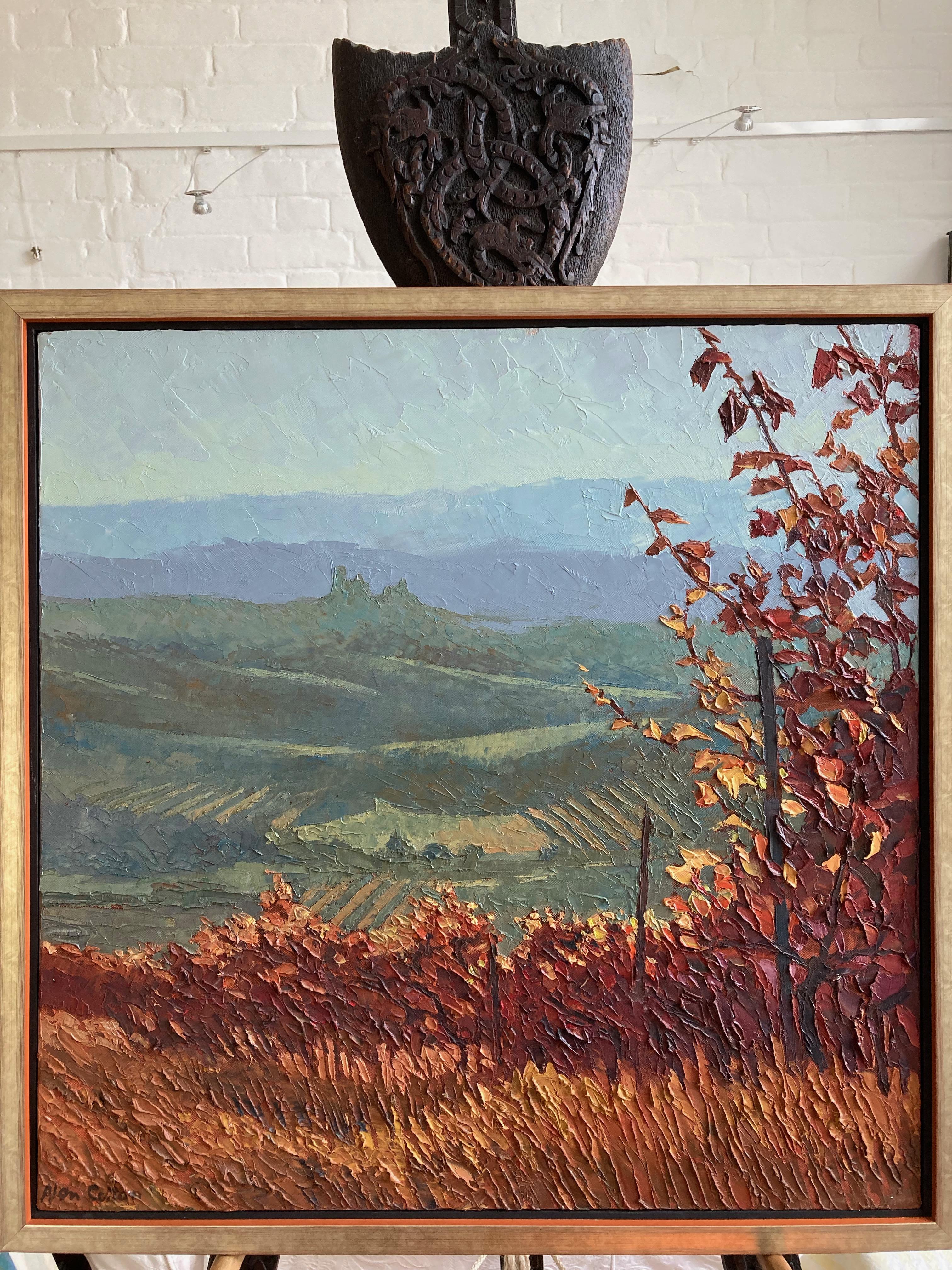 A wonderful view of an Italian vineyard in the Piedmont (or Piemonte) region in North West Italy. The area is known for its wine and truffles and this particular scene is in Dogliani ,an area known for the Dolcetto grape. The scene is painted with