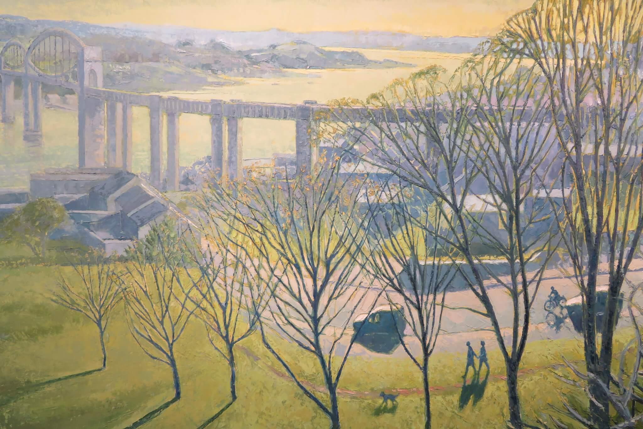 RIESIG! Englisches Original impressionistisches Ölgemälde TAMAR BRIDGE DEVON CORNWALL, Original (Braun), Landscape Painting, von Alan Cotton