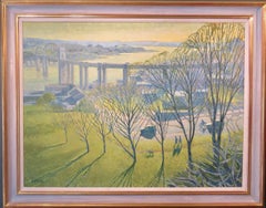 HUGE ! English Original Impressionist oil painting TAMAR BRIDGE DEVON CORNWALL