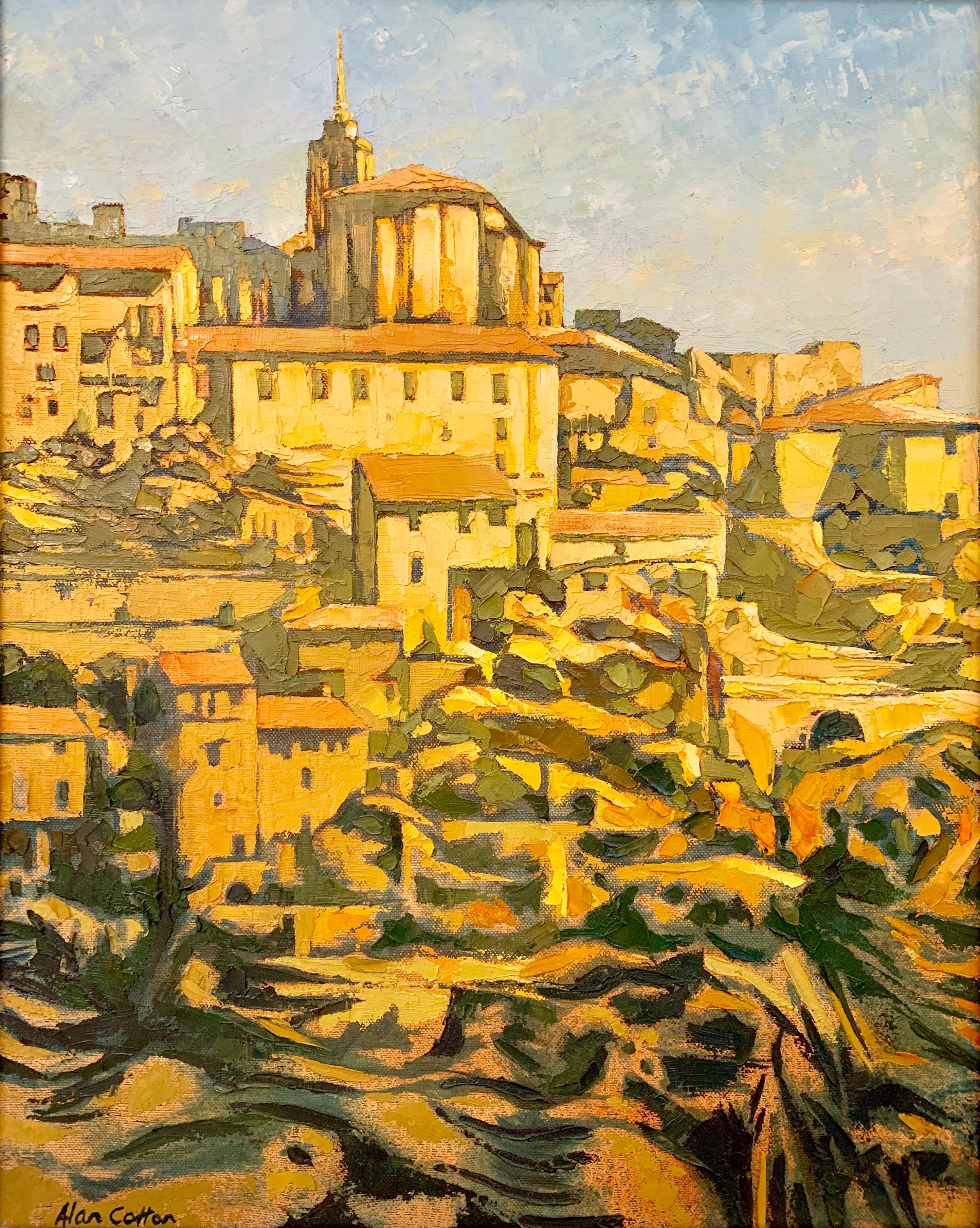 Impasto Oil Painting of Gordes Southern France Warm Sunlight by British Artist - Brown Landscape Painting by Alan Cotton