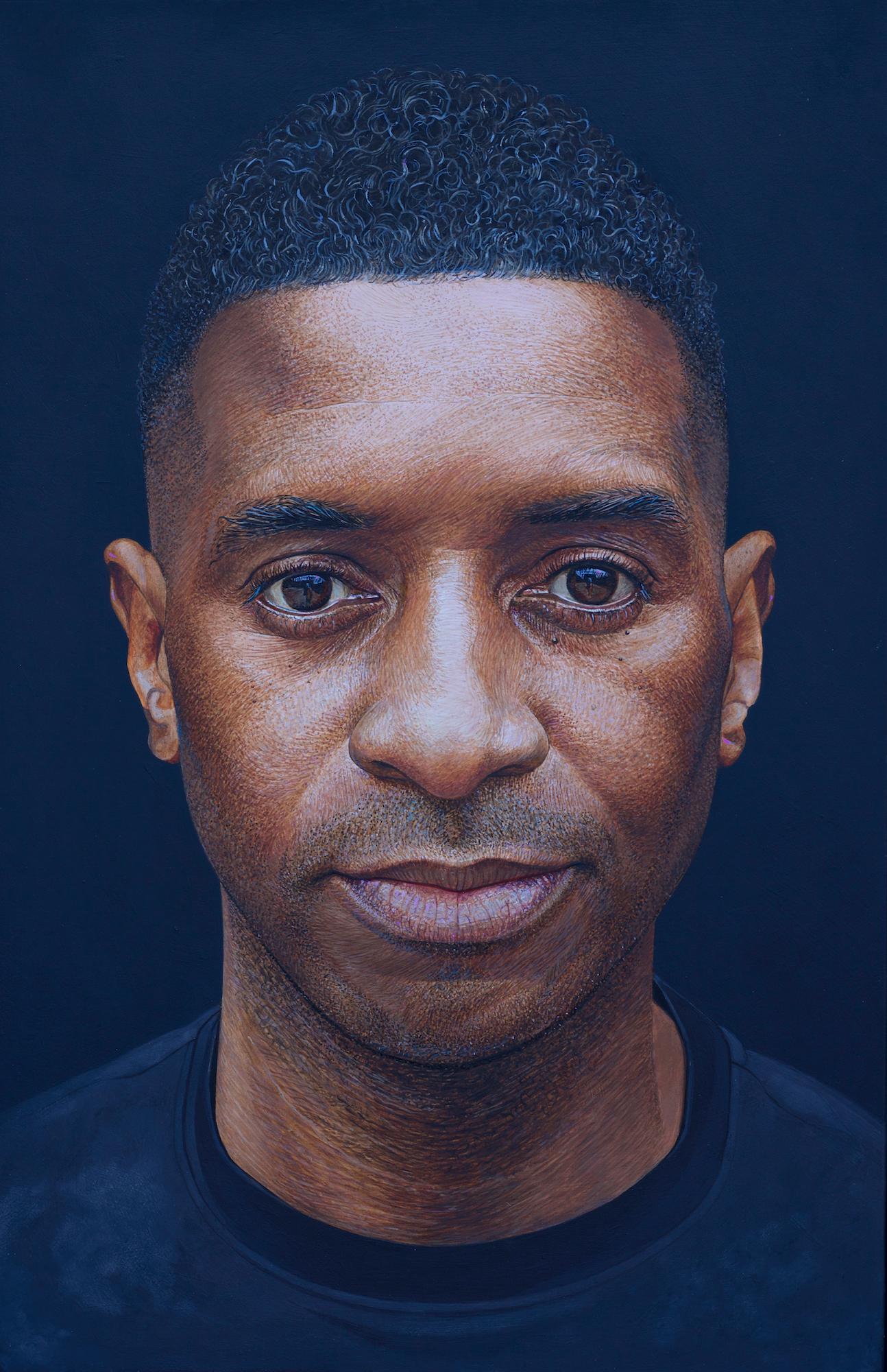 Alan Coulson Portrait Painting – Photorealist Portrait of a man,  "Portrait of Wayne", oil on panel 