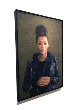Photorealist portrait of a woman with green background, "Janis", oil on panel