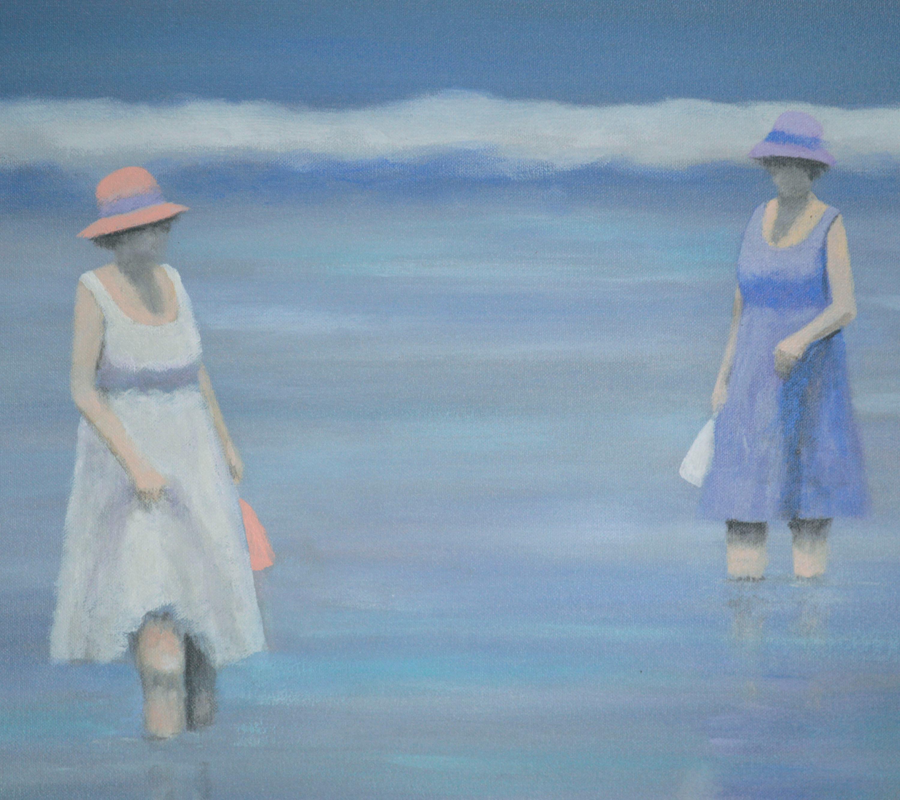 Donna con riflessi marini color lavanda e ciano, paesaggio marino figurativo - Figurative Painting Blu di Alan Cours