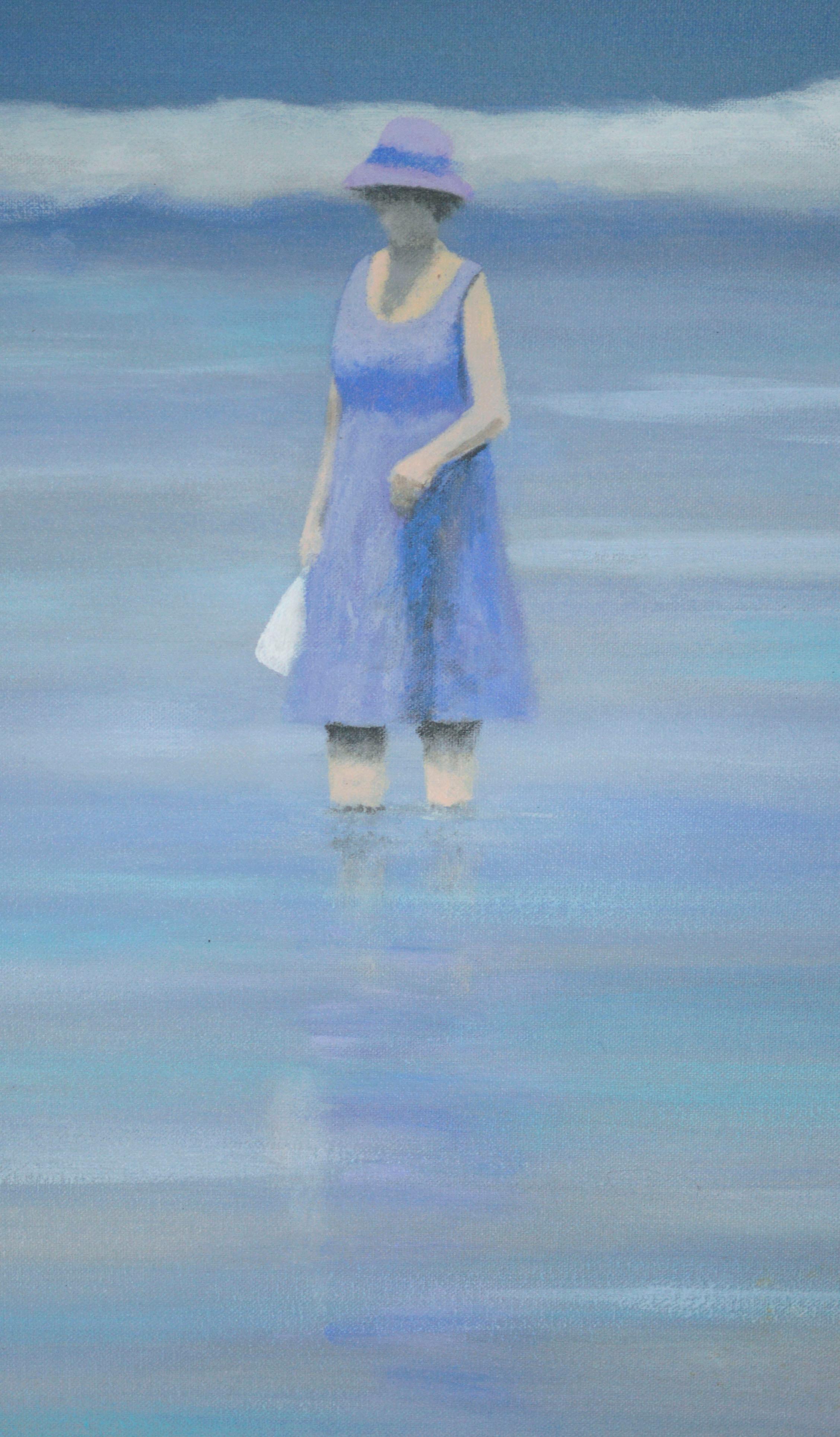 Donna con riflessi marini color lavanda e ciano, paesaggio marino figurativo 1