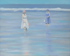 Donna con riflessi marini color lavanda e ciano, paesaggio marino figurativo