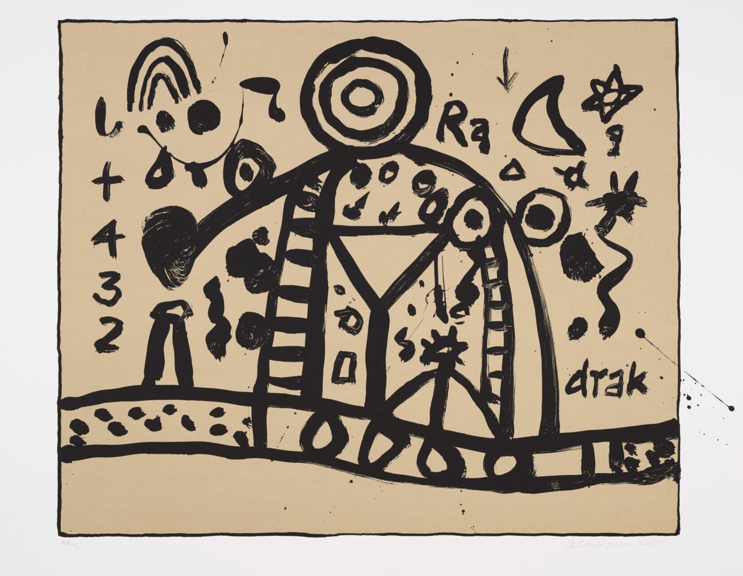 Ra Drak by Alan Davie, 2000

Additional information:
Medium: screenprint
75 x 85 cm (unframed)
29 1/2 x 33 1/2 in
signed, dated and numbered in pencil

Alan Davie is one of Scotland's most internationally recognised artists with works in public