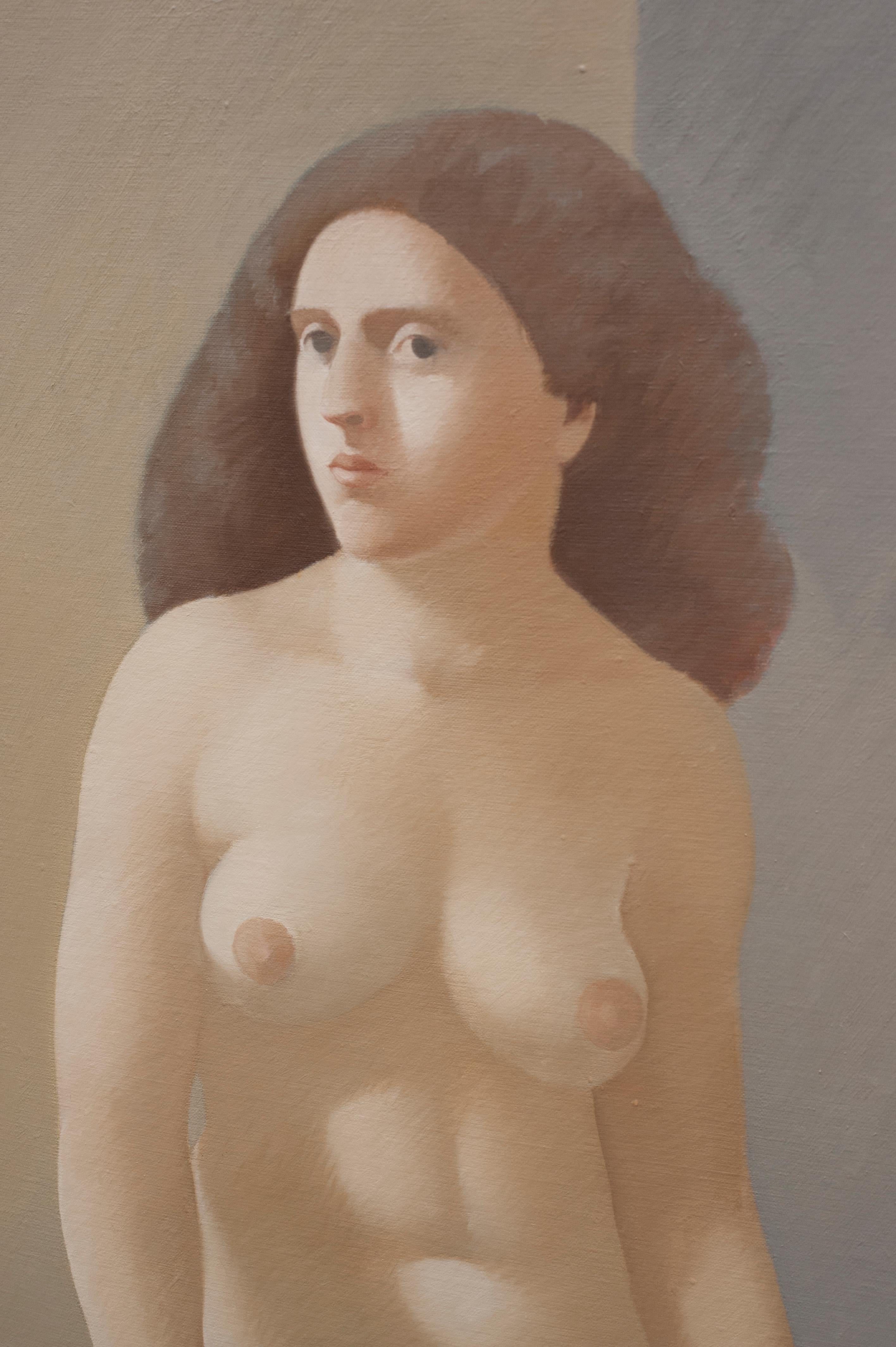 Oil on linen painting by Alan Feltus (b. 1943).  
Signed and dated on reverse 1974. 
Measures: 43 inches x 43 inches. Condition is excellent.  

Alan Feltus was born in Washington DC and is a figurative painter of contemporary classicism.   Alan