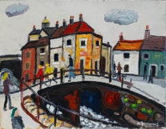 Alan Furneaux (b.1953) - Framed Contemporary Oil, Figures on the Footbridge