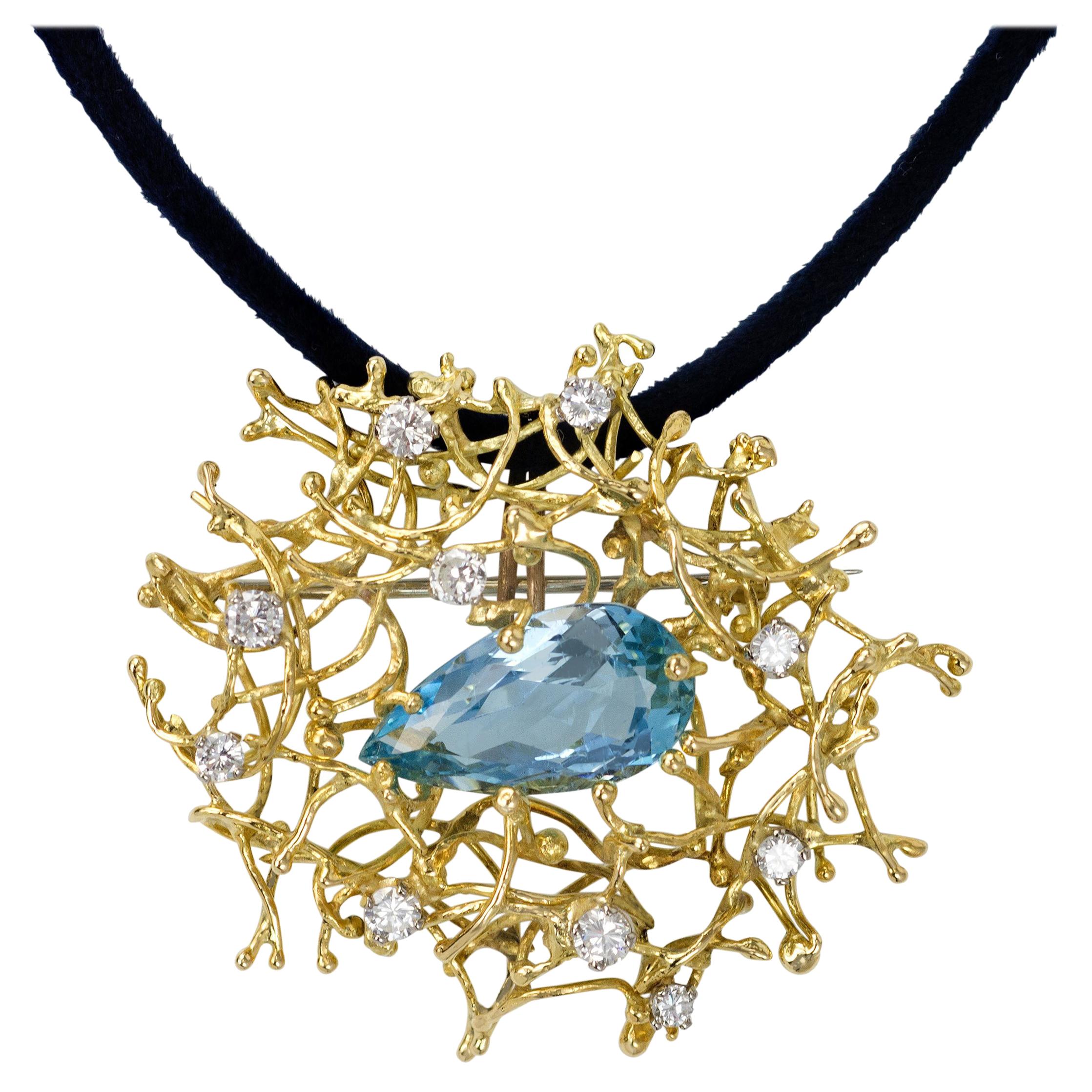 1968 Alan Gard Aquamarine, Diamond and Gold Wire Work Brooch/Pendant