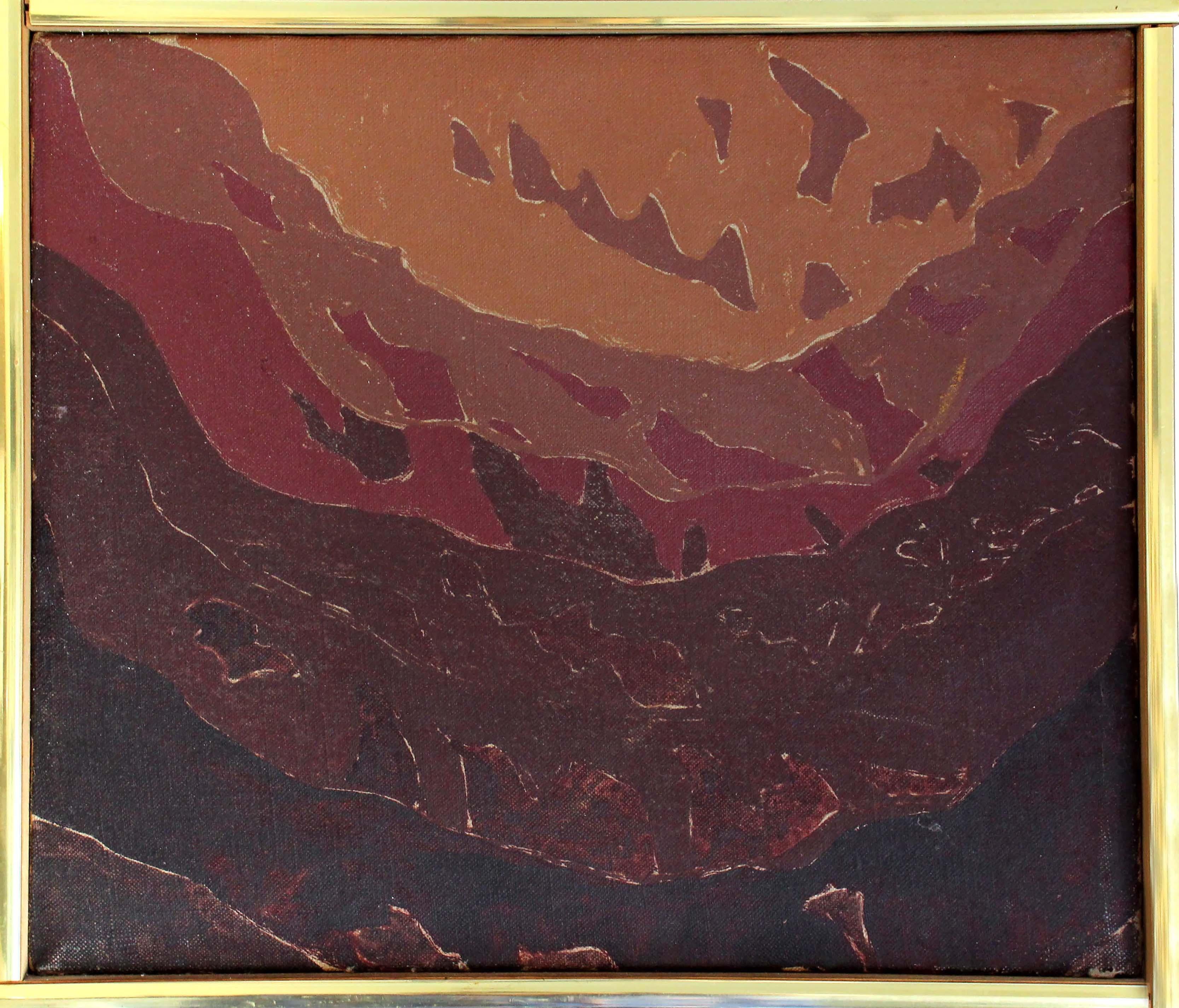 Ein vielschichtiges Öl auf Leinwand des bekannten amerikanischen Malers Alan Gussow, datiert 1975. Diese intime Komposition mit ihren wellenförmigen Bändern in Siena, Burgund und Umbra erinnert an die Rhythmen und Schichten der natürlichen Welt.