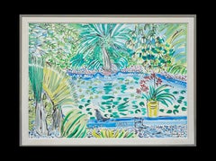 Bird at Jardin Majorelle Landscape Abstract Painting of flowers, plants, water