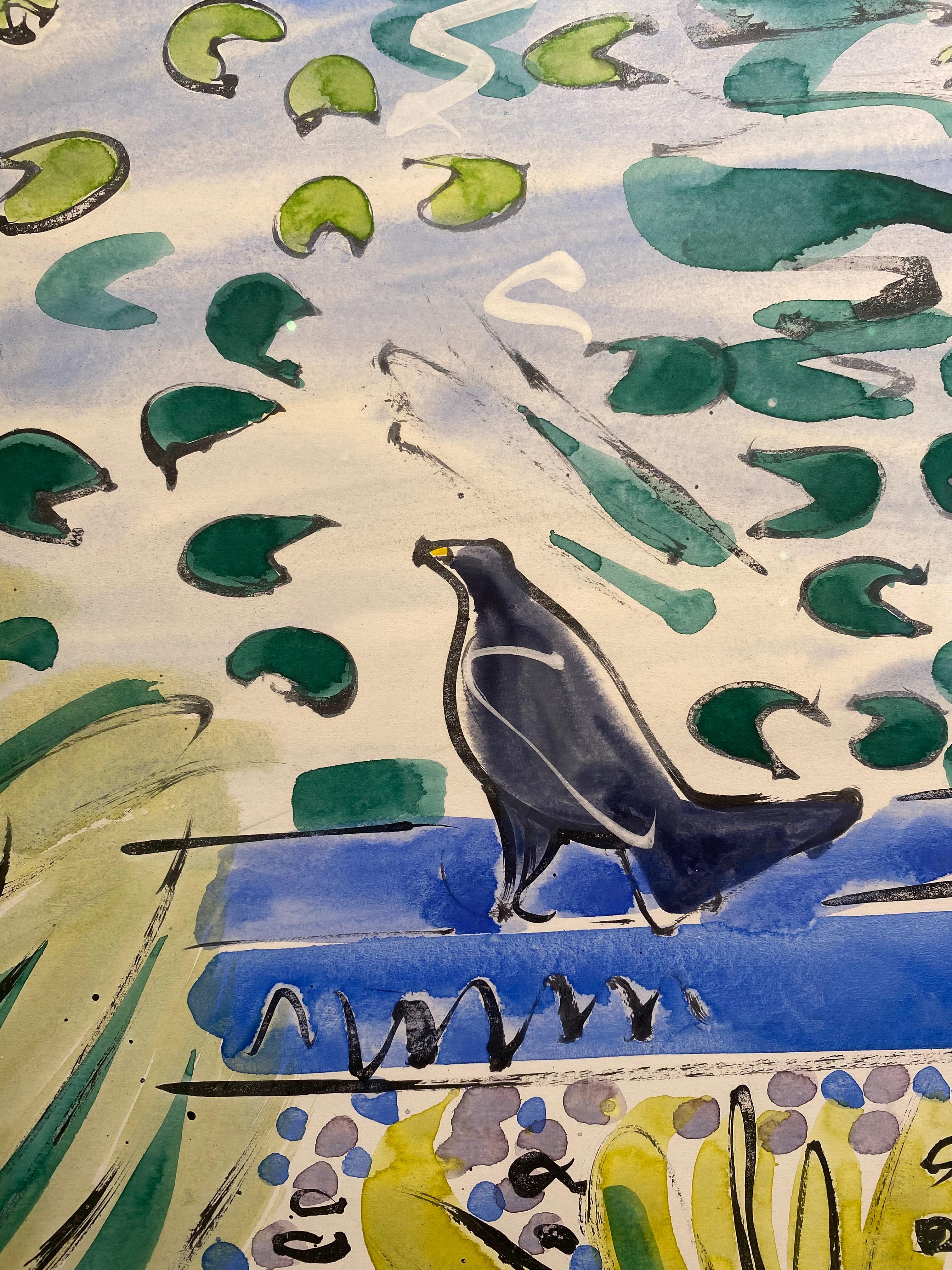 Pájaro en el Jardín Majorelle Paisaje Pintura abstracta de flores, plantas, agua - Painting Abstracto de Alan Halliday