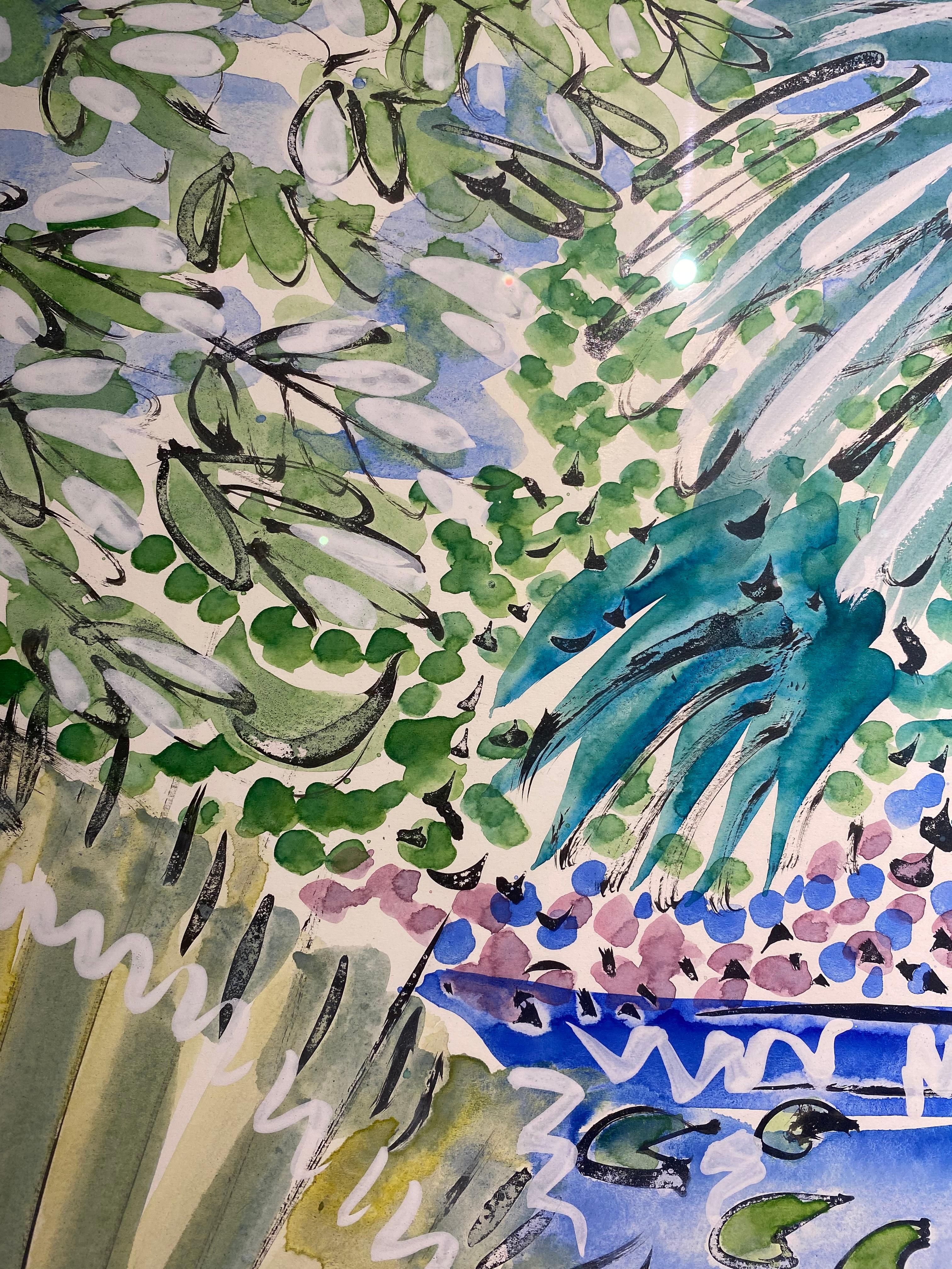 Pájaro en el Jardín Majorelle Paisaje Pintura abstracta de flores, plantas, agua - Landscape Painting Gris de Alan Halliday