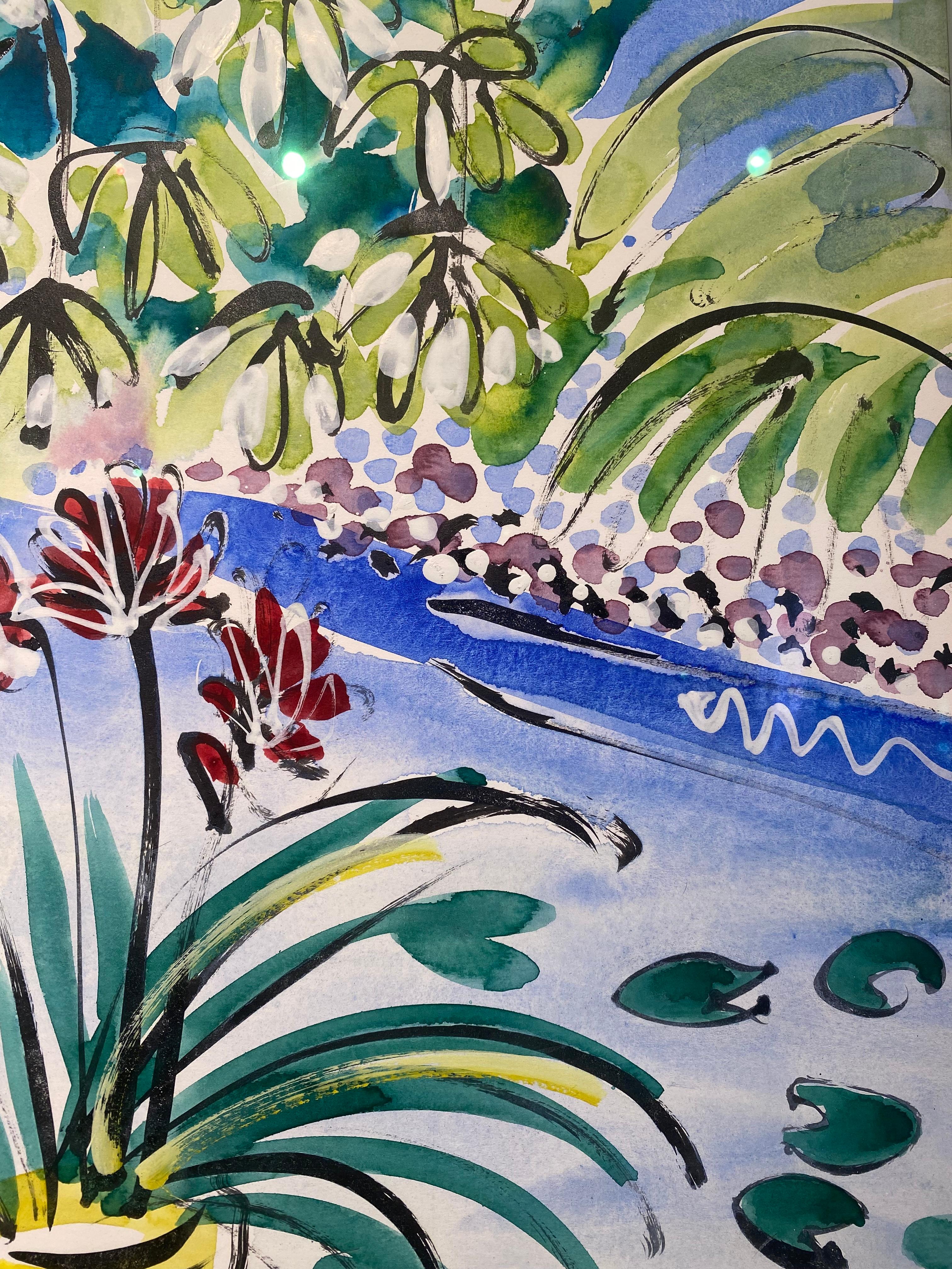 En esta exuberante acuarela, el artista británico Alan Halliday da vida a la tranquila belleza del Jardín Majorelle, un famoso jardín de Marrakech que fue propiedad de Yves Saint Laurent. Con verdes intensos, azules resplandecientes y líneas