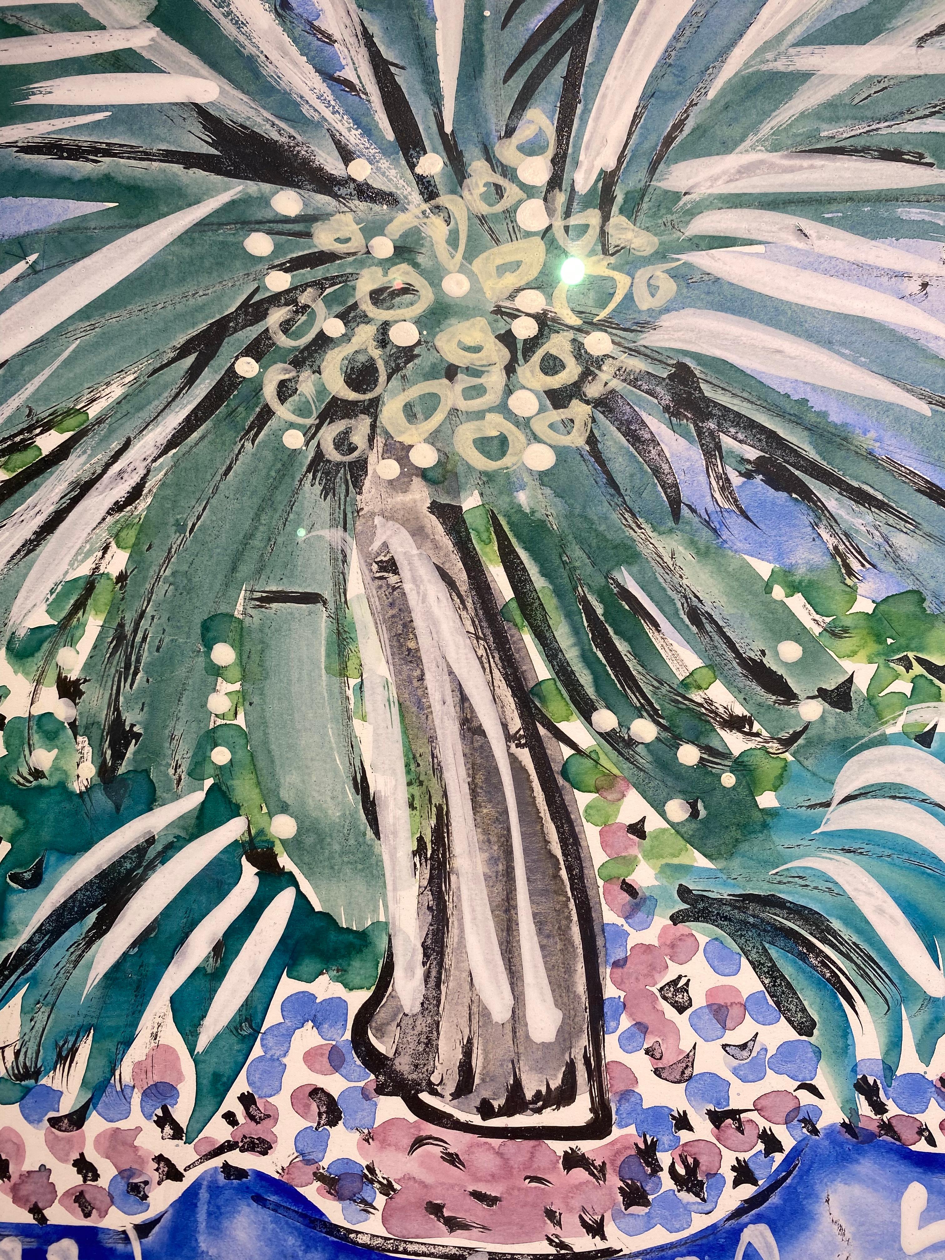 Pájaro en el Jardín Majorelle Paisaje Pintura abstracta de flores, plantas, agua en venta 1