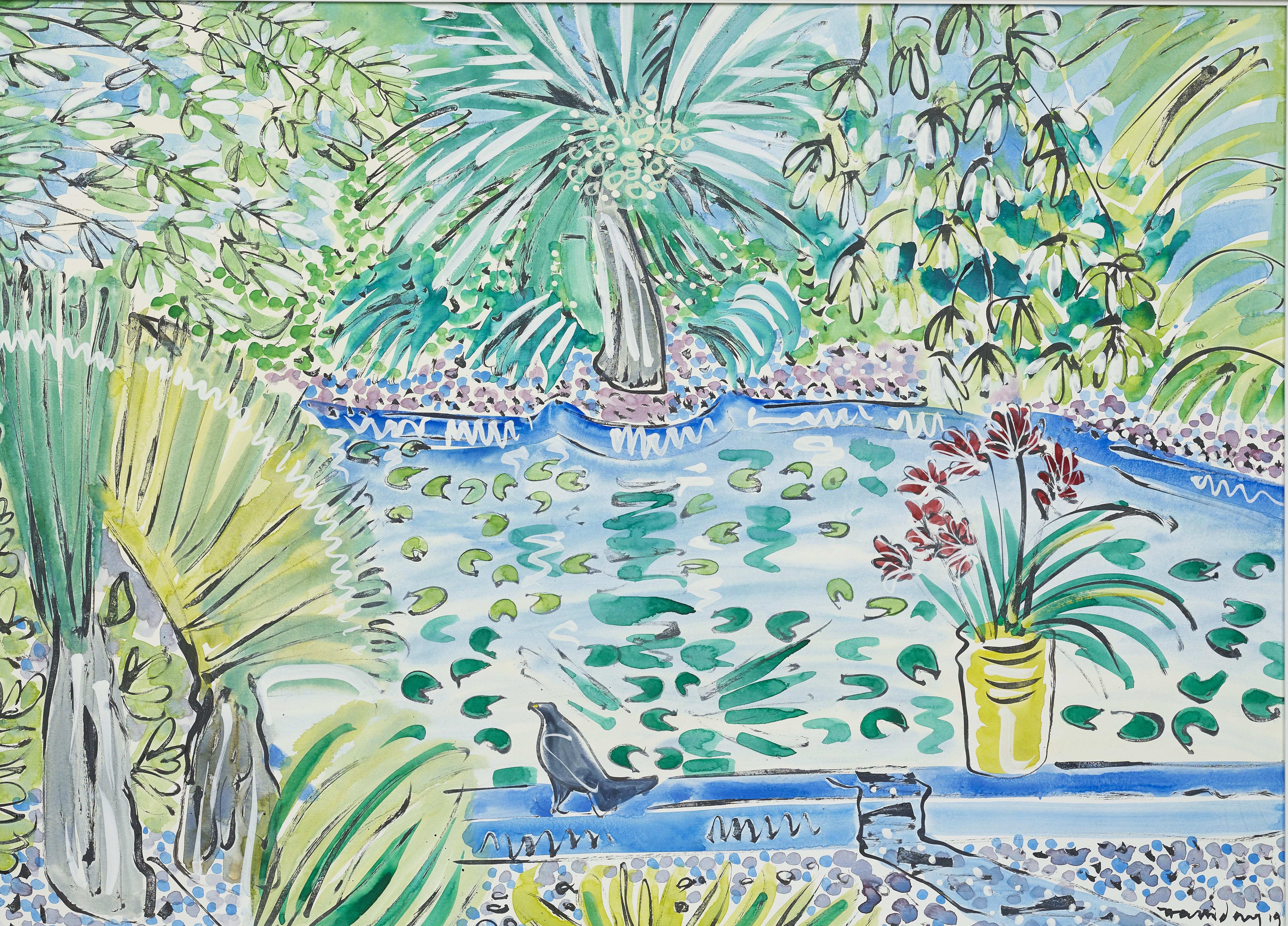 Vogel im Jardin Majorelle Landschaft Abstrakte Malerei von Blumen, Pflanzen, Wasser