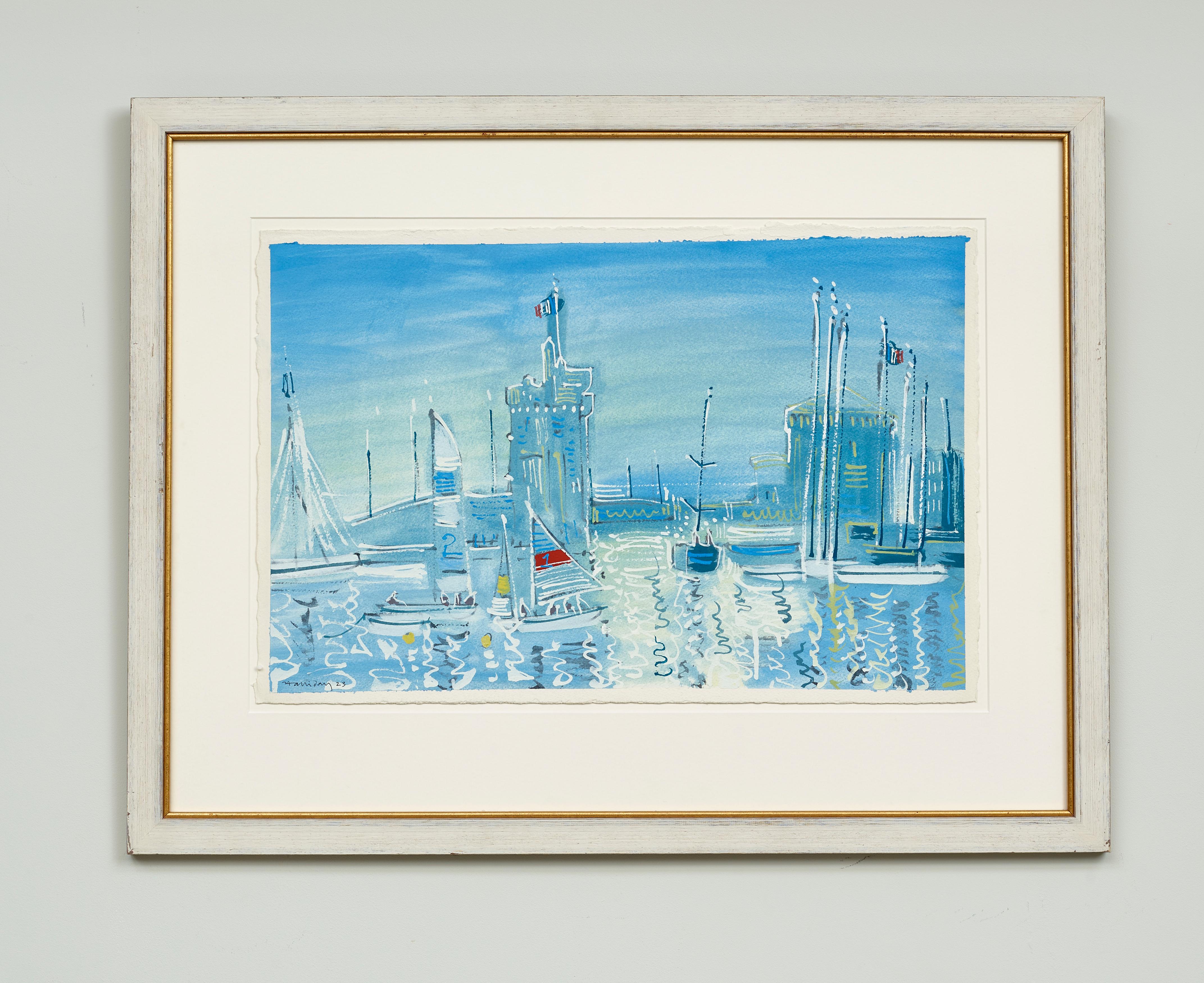 Eingang zum Hafen, la Rochelle Französische Landschaftsmalerei Boote, frankreich – Painting von Alan Halliday