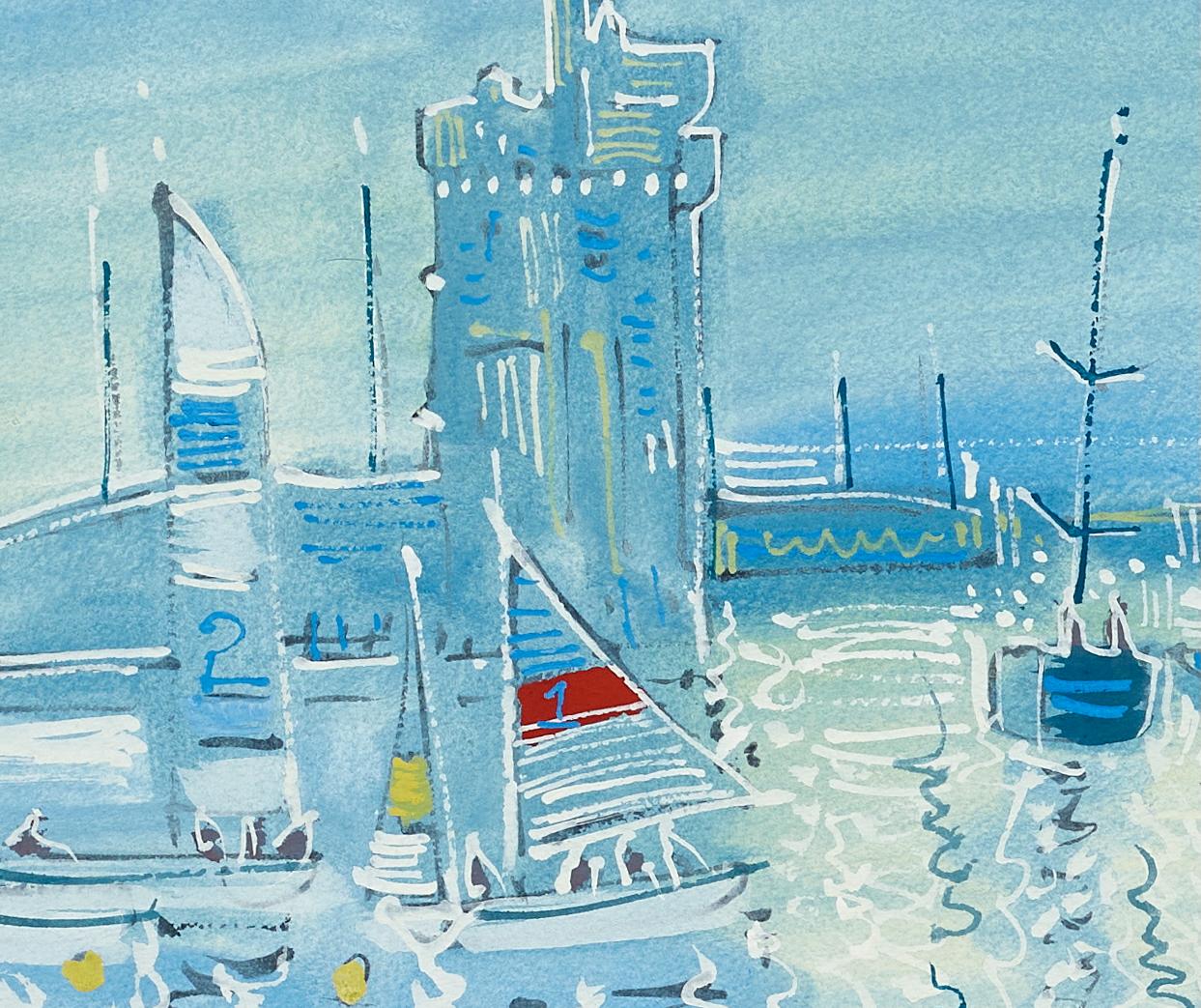 Eingang zum Hafen, la Rochelle Französische Landschaftsmalerei Boote, frankreich (Blau), Landscape Painting, von Alan Halliday