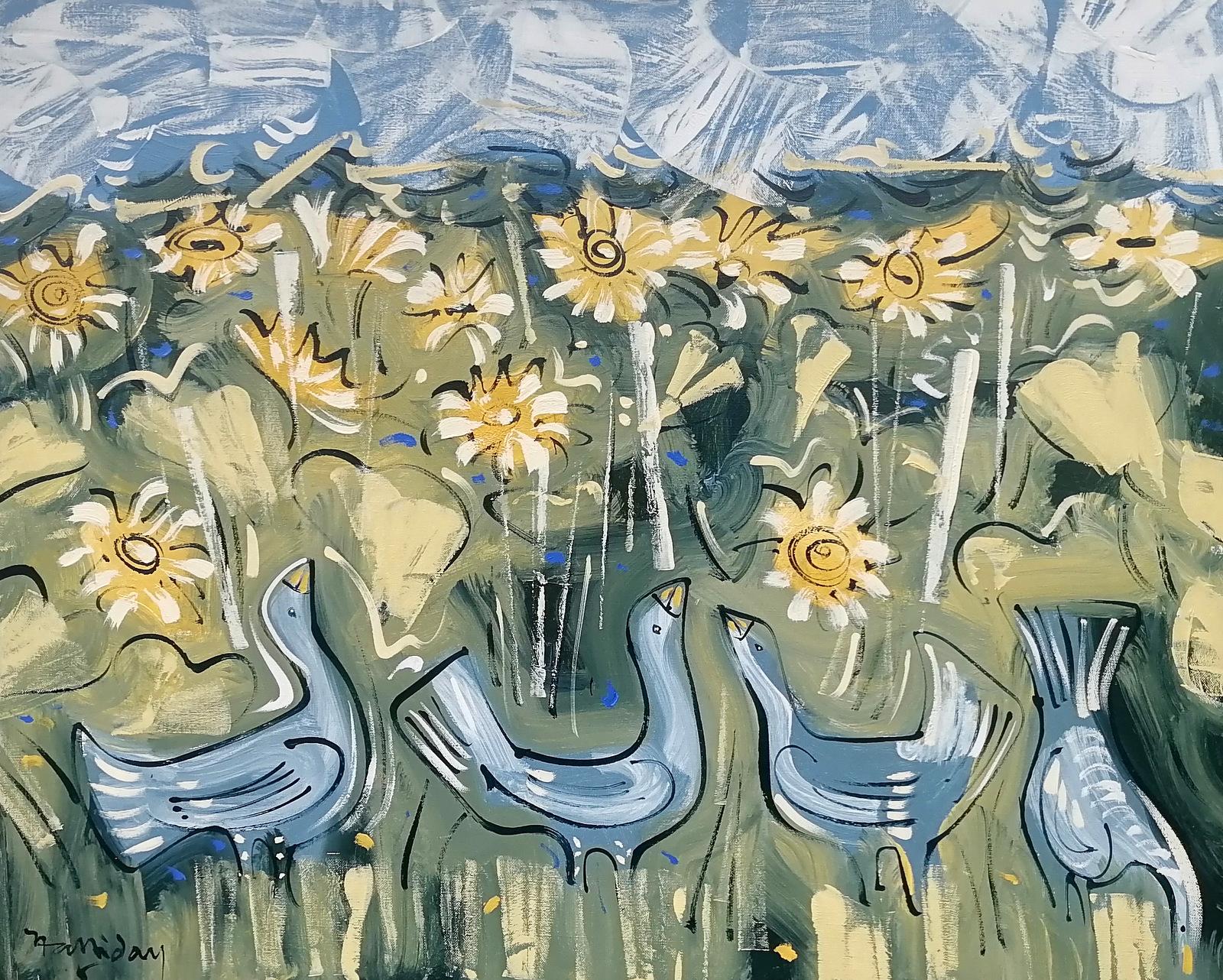 Alan Halliday Animal Painting - Geese and Sunflowers