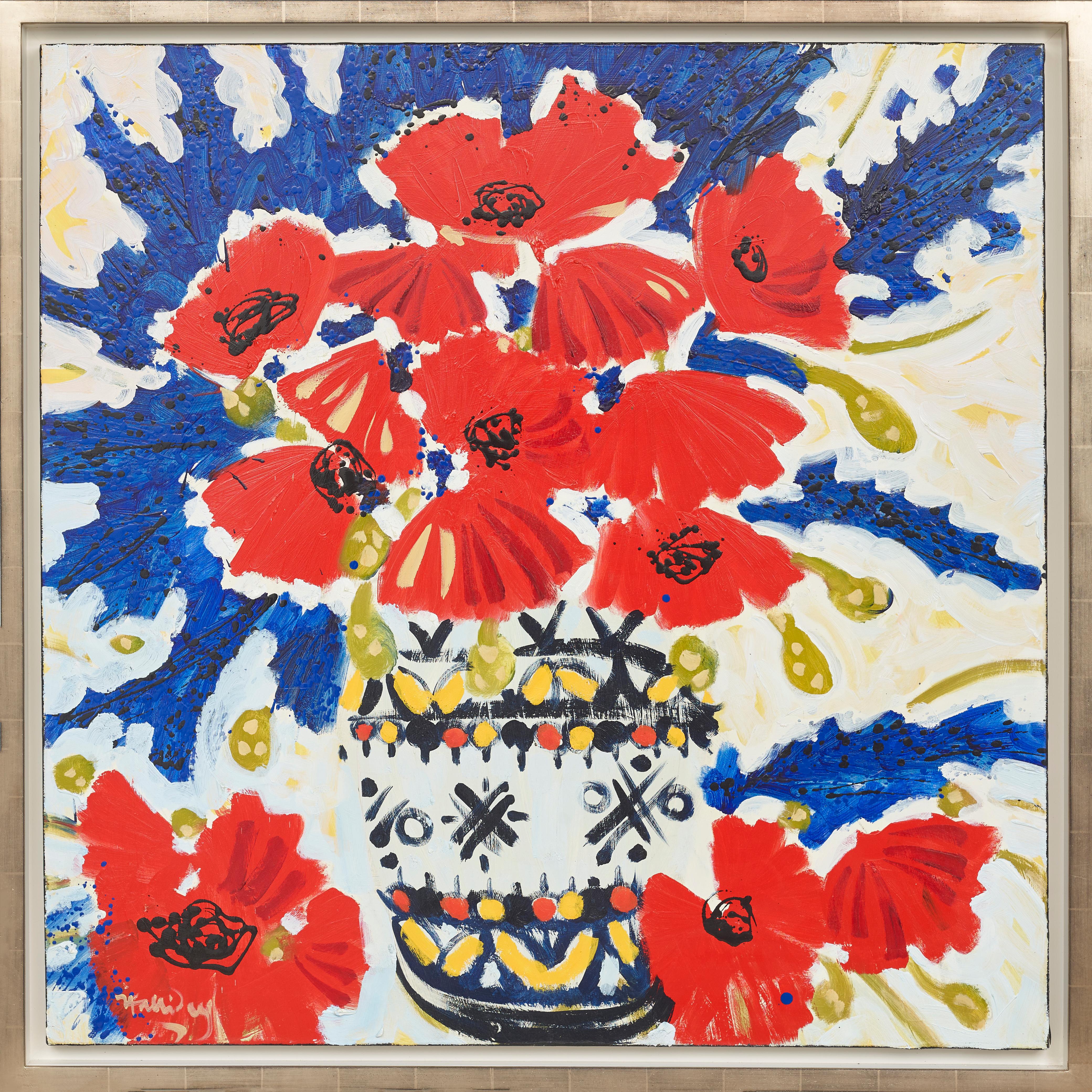 Lavendel & Mohn Stillleben Gemälde von rot, lila, blau Blumenstrauß – Painting von Alan Halliday