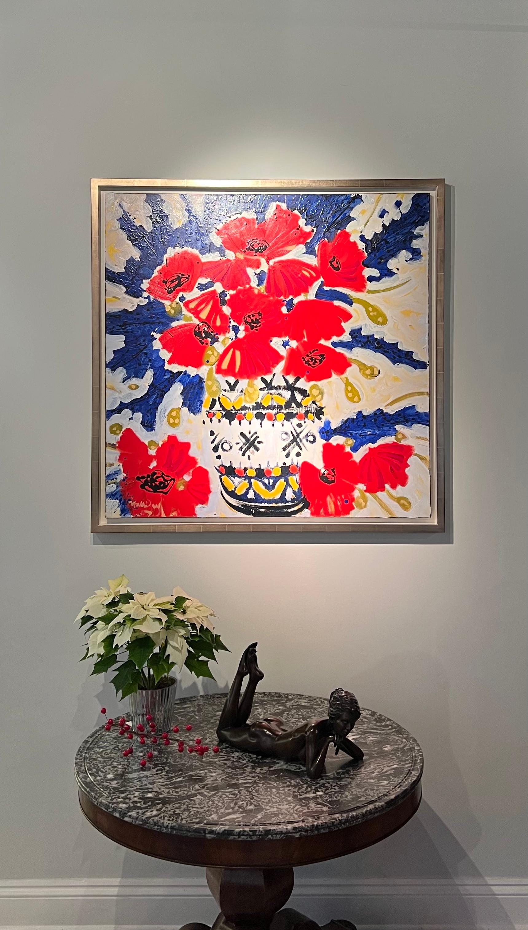 Lavendel & Mohn Stillleben Gemälde von rot, lila, blau Blumenstrauß (Abstrakter Impressionismus), Painting, von Alan Halliday