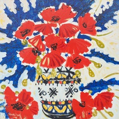 Lavender & Poppies Still Life Painting of red, purple, blue bouquet of flowers