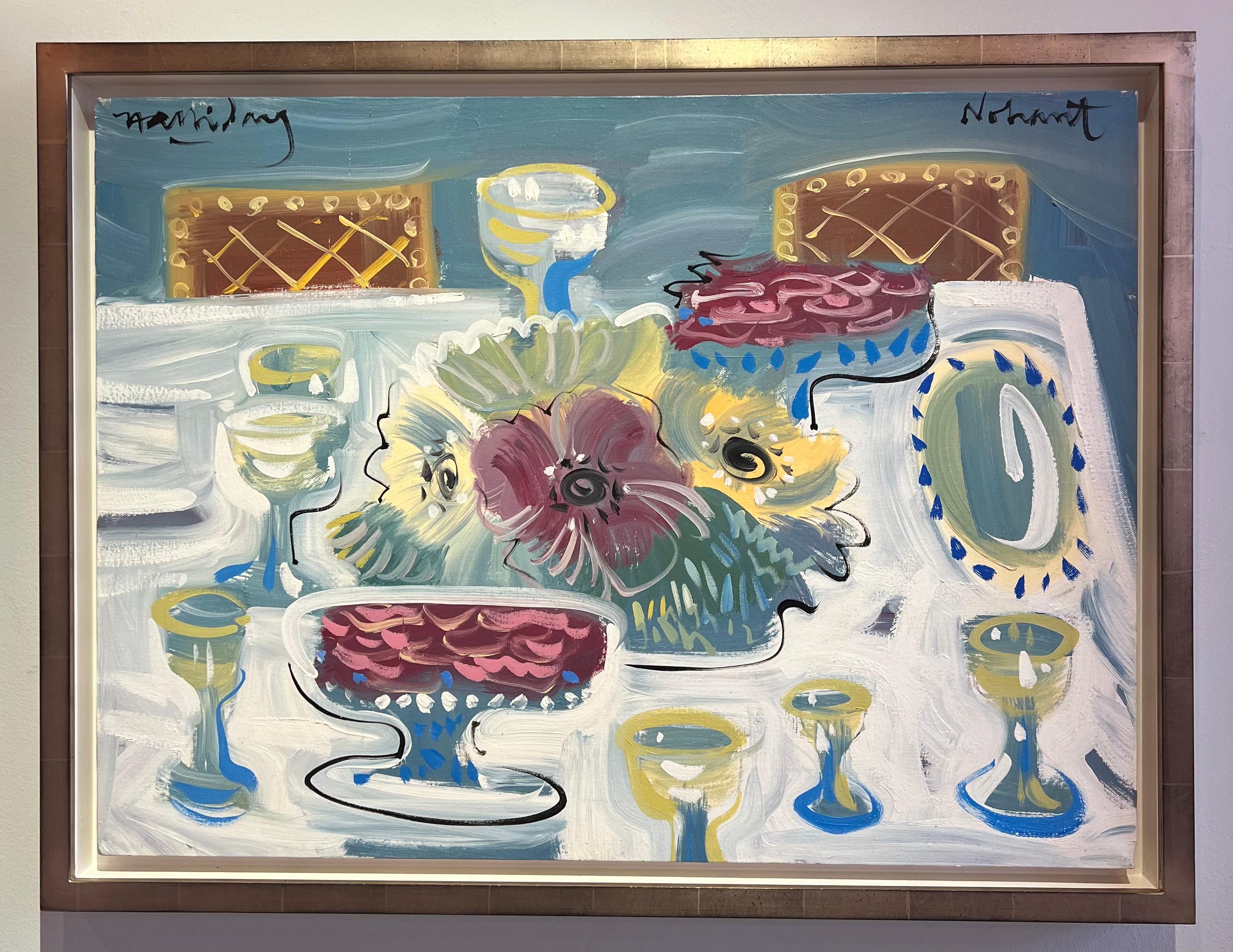 Le Table a Manger Lebendiges Stillleben Innenmalerei Französische Riviera Frankreich – Painting von Alan Halliday