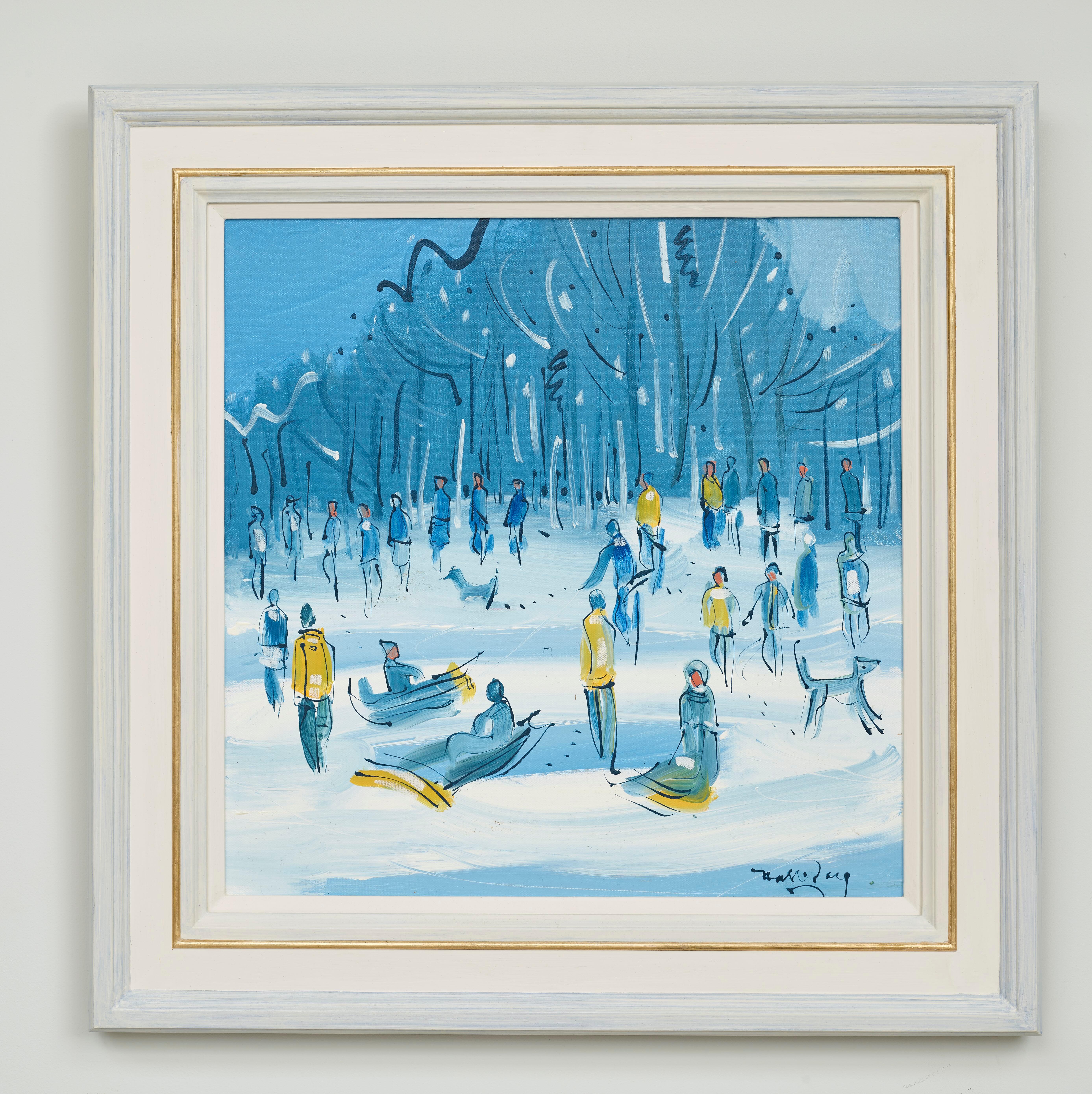 Neige à Richmond Park Paysage Peinture figurative Londres, blanc, bleu, jaune - Painting de Alan Halliday