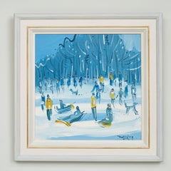 Snow at Richmond Park Landscape Figurative Painting London, white, blue, yellow