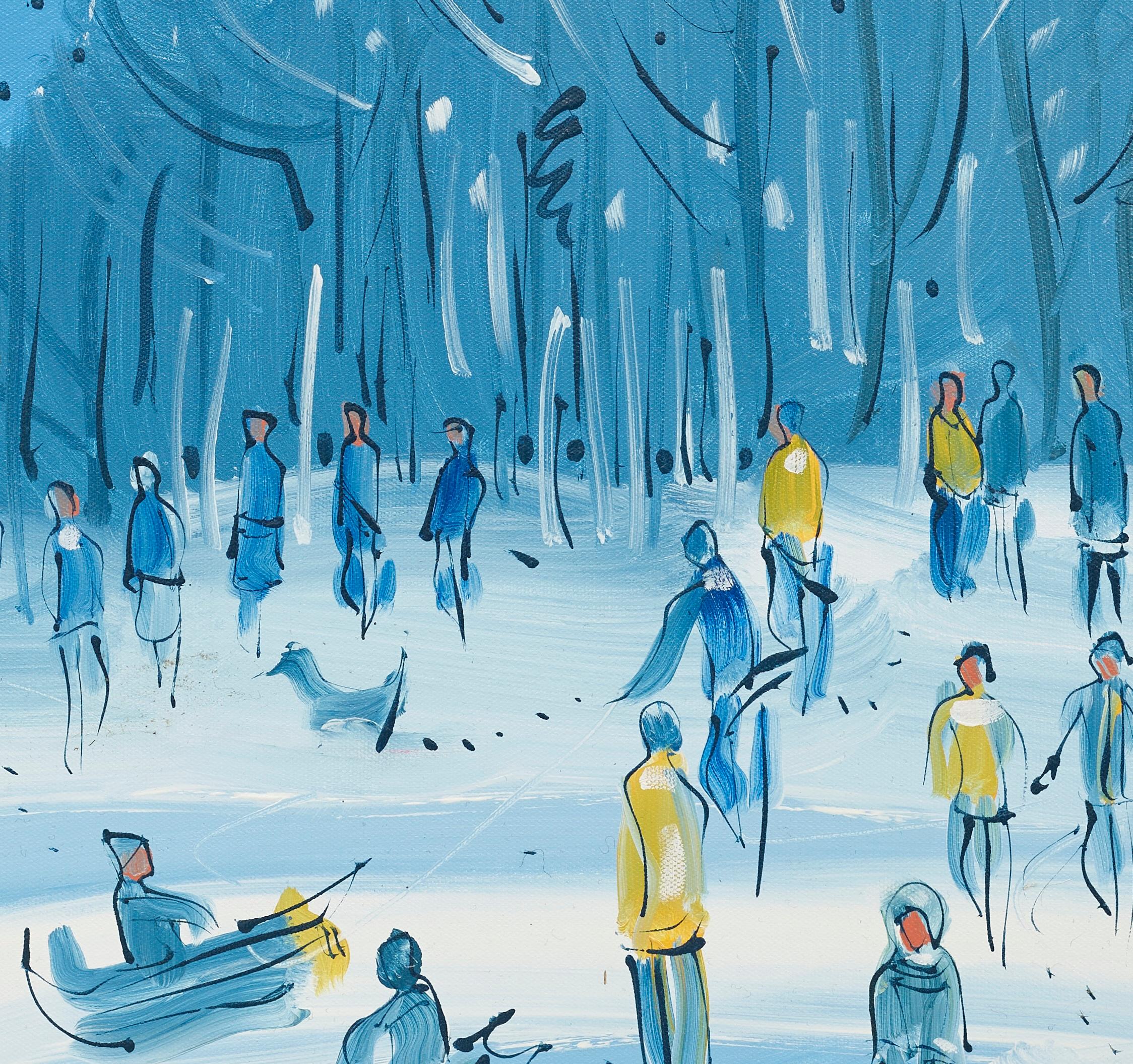 Neige à Richmond Park Paysage Peinture figurative Londres, blanc, bleu, jaune - Bleu Figurative Painting par Alan Halliday