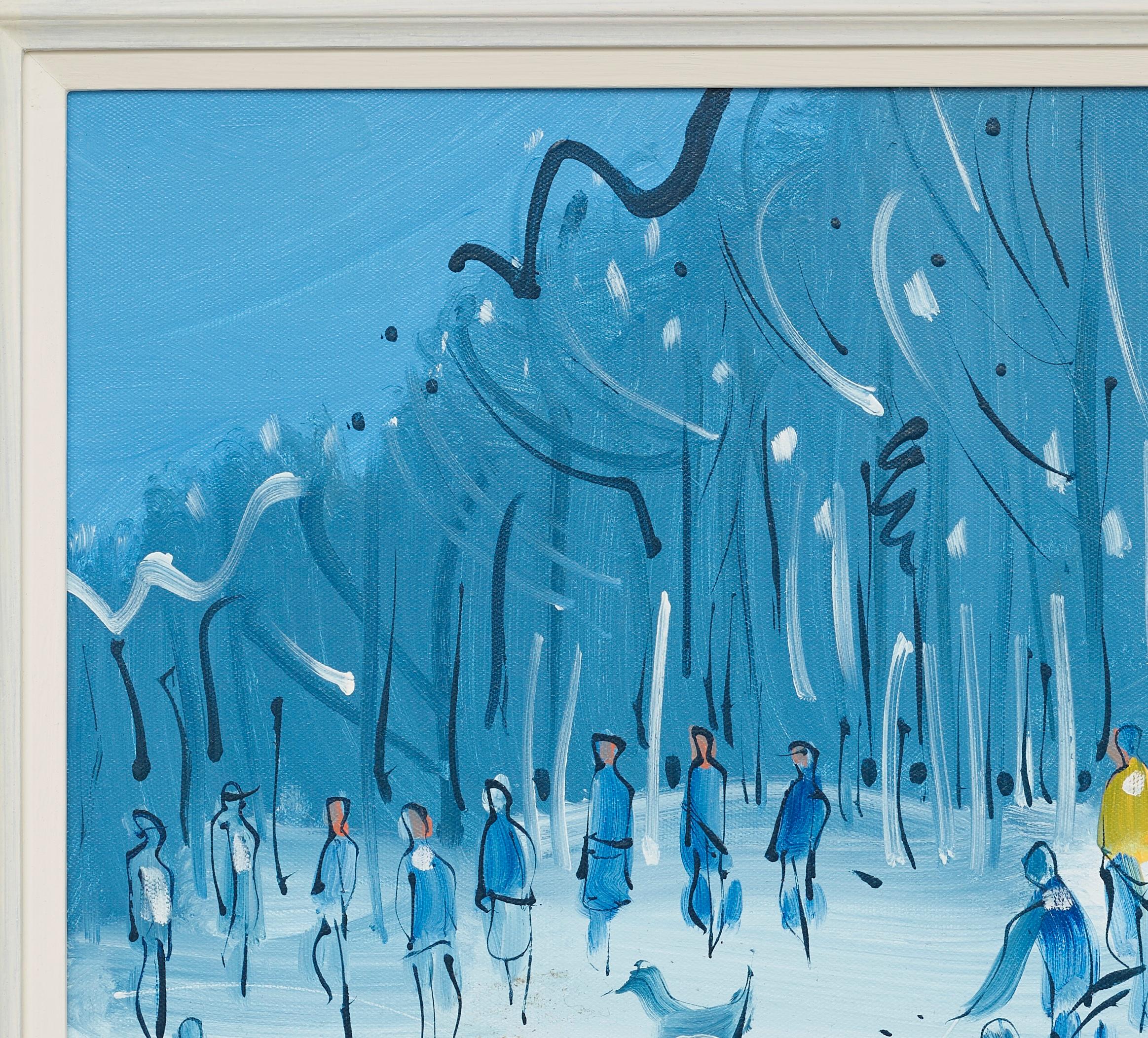 Neige à Richmond Park Paysage Peinture figurative Londres, blanc, bleu, jaune en vente 1
