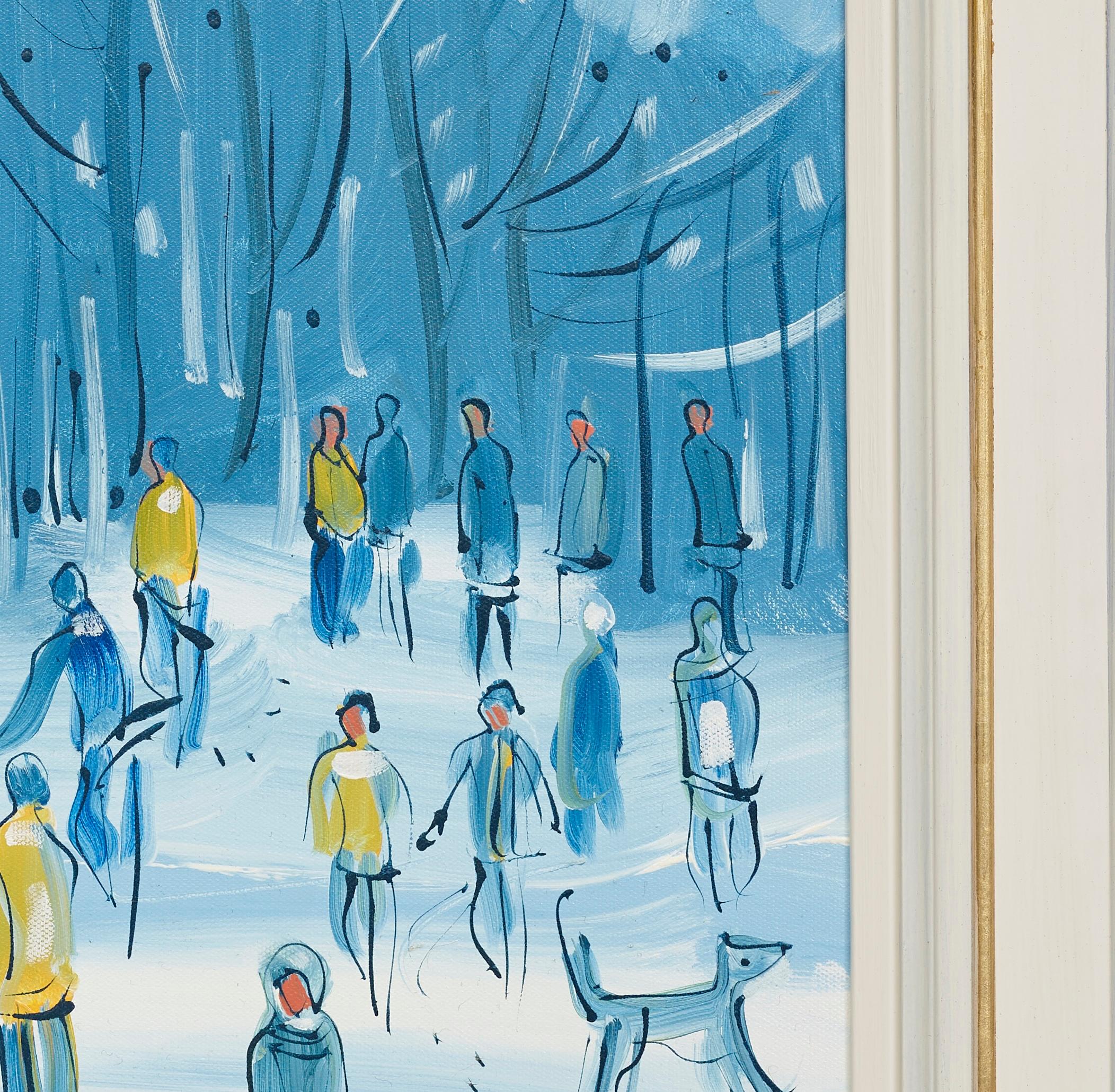 Neige à Richmond Park Paysage Peinture figurative Londres, blanc, bleu, jaune en vente 3