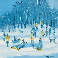 Snow at Richmond Park Landscape Figurative Painting London, white, blue, yellow